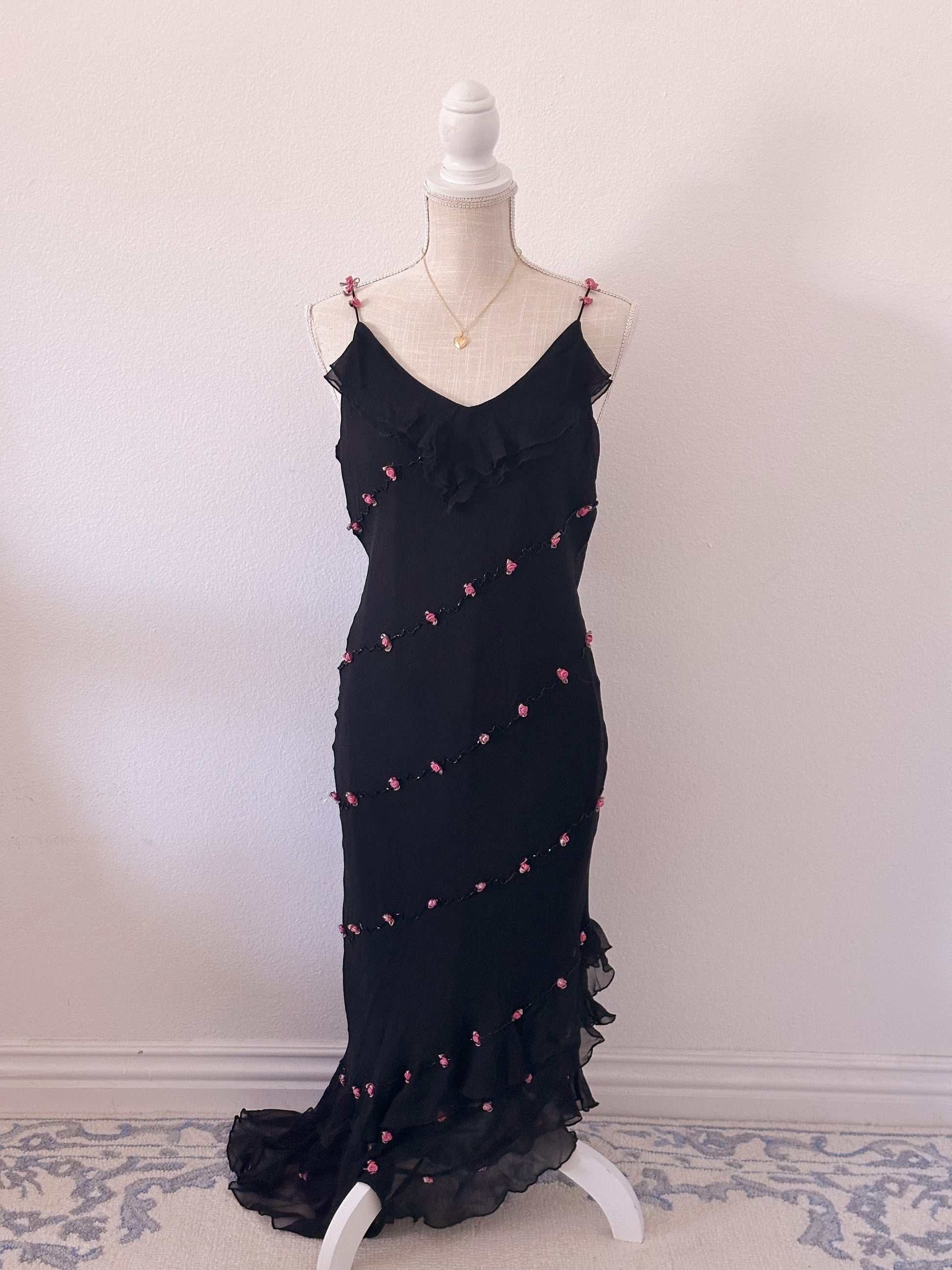 Vintage 90s black ruffle maxi dress with floral details size: 8