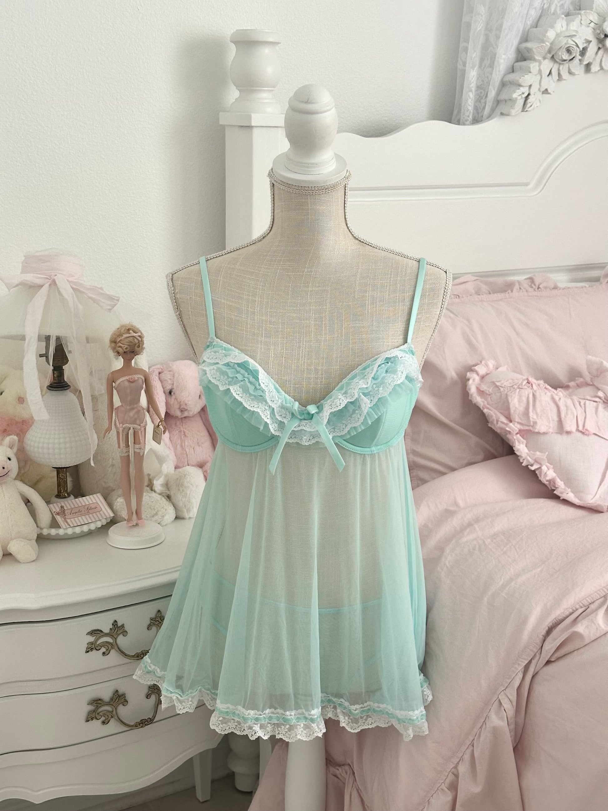 Vintage 2000s Cassandra Intimates Teal Ruffle Babydoll Set Size: S