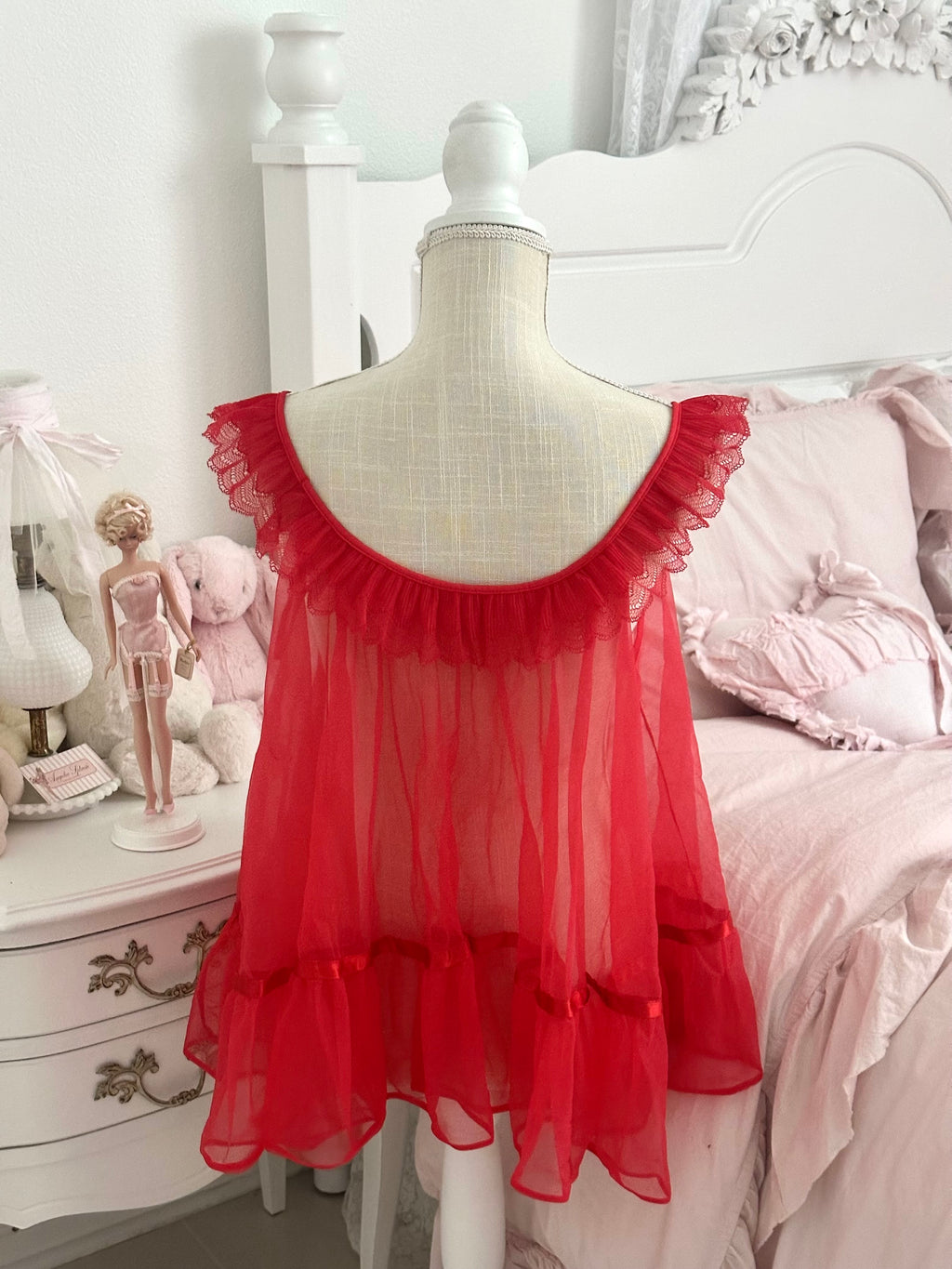 Vintage 1960s Made in USA Red Sheer Lace Ruffle Babydoll Top Size: M