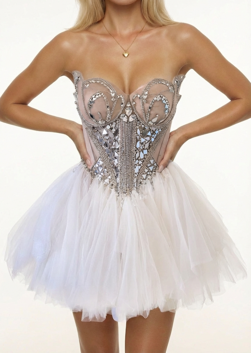 Handmade swan lake mini formal dress with mirror & rhinestone work size: Small