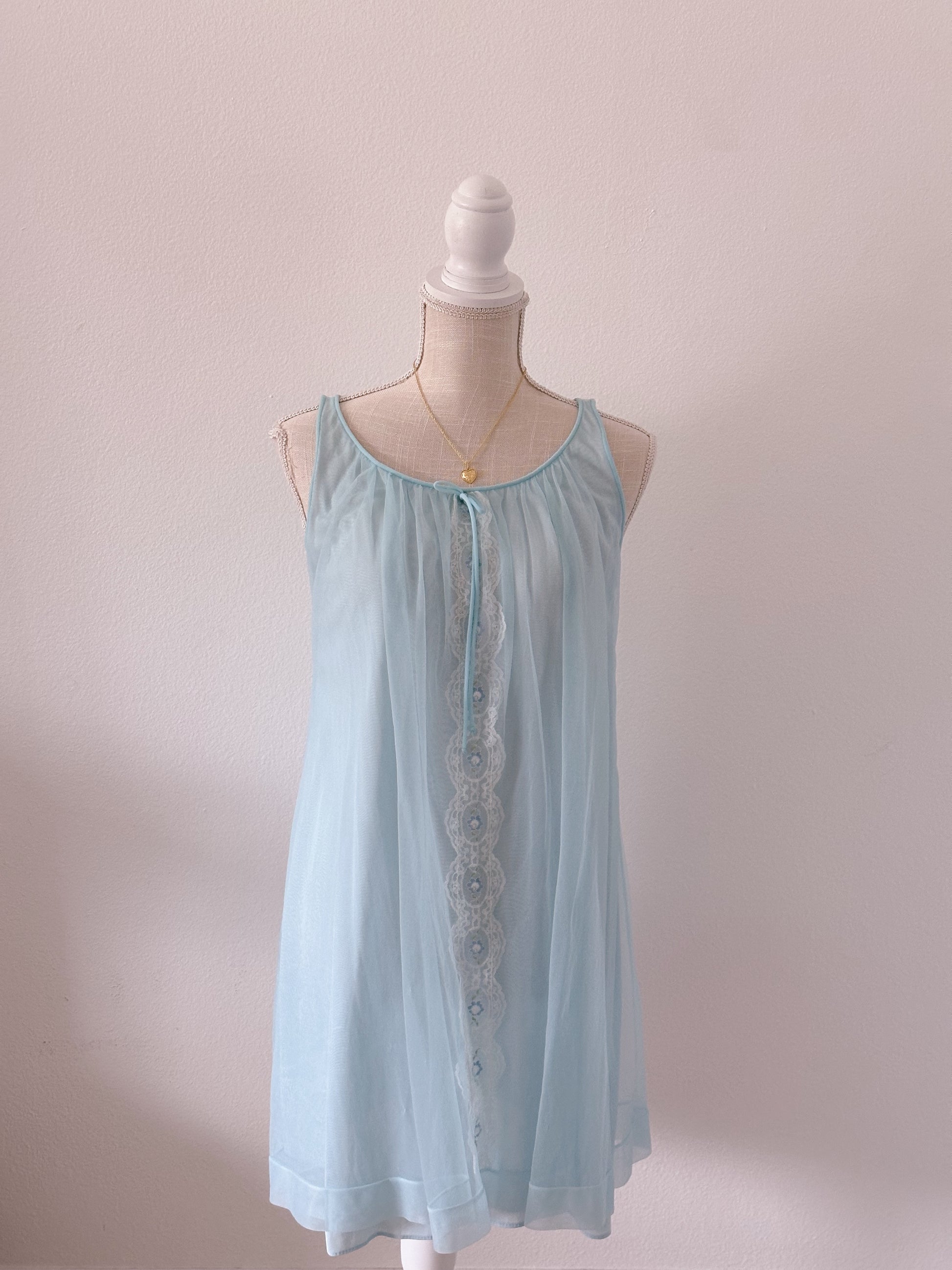 Authentic true vintage 1950's peignoir blue robe and slip dress set with puff sleeves