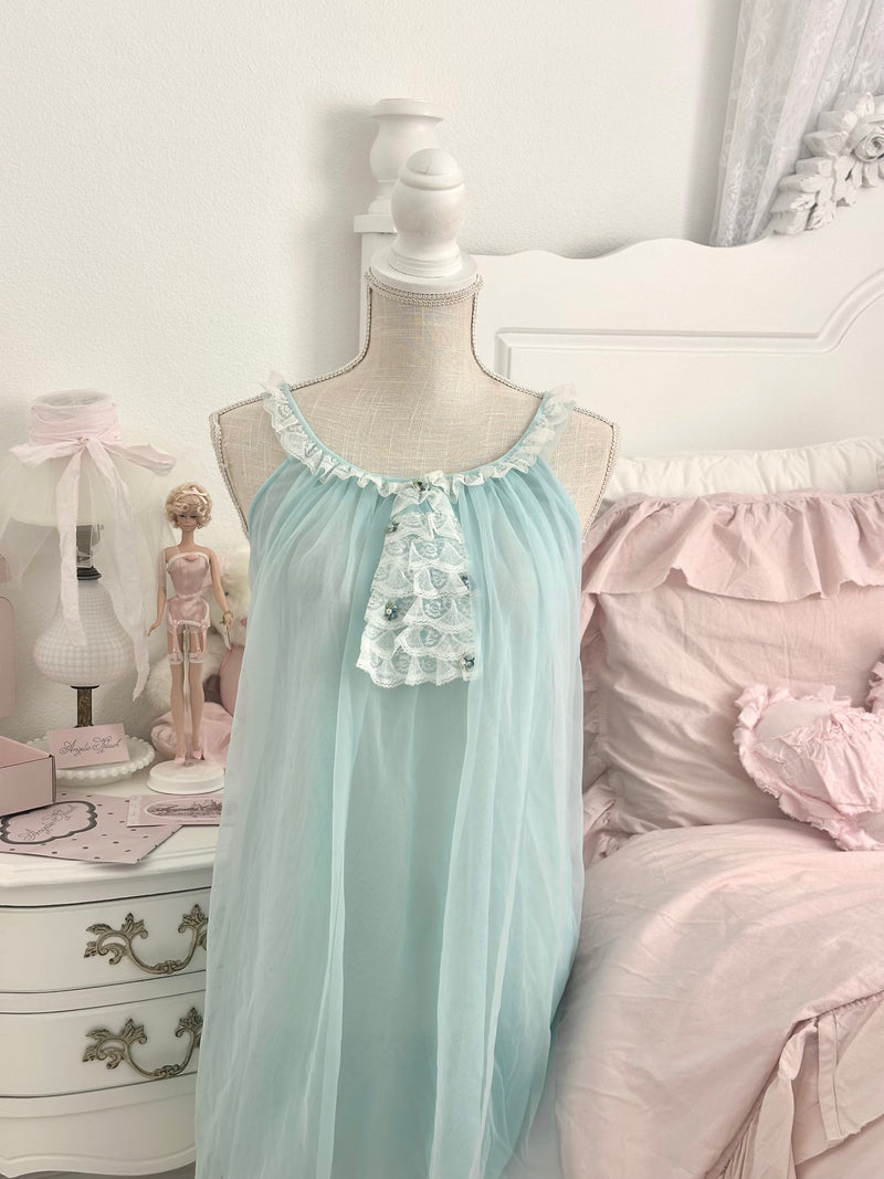 Vintage 1950s Baby Blue Sheer Nylon Nightgown Size S