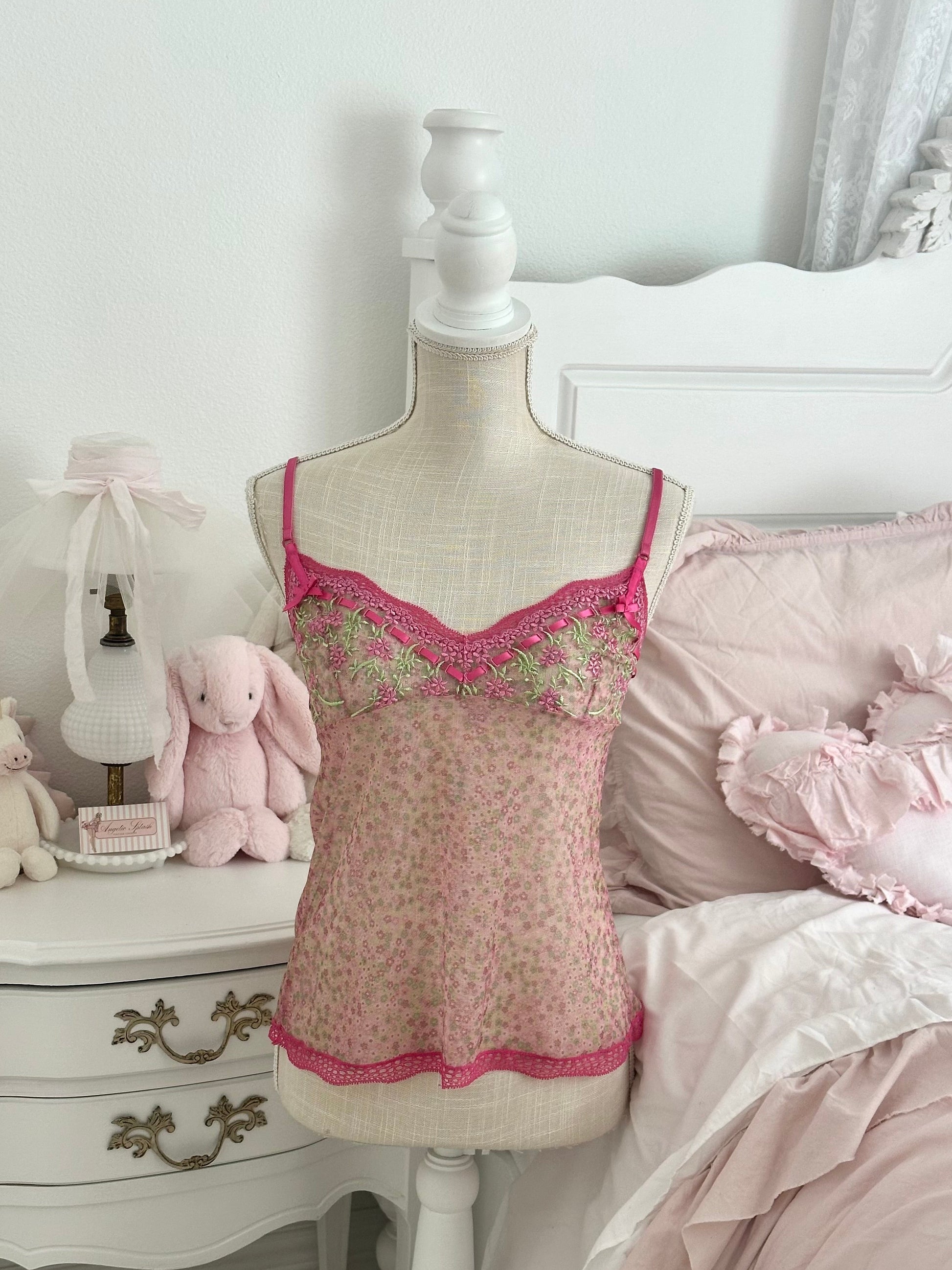 Vintage 2005 Victoria’s Secret Angels Collection Pink & Green Sheer Cami Top Size: M