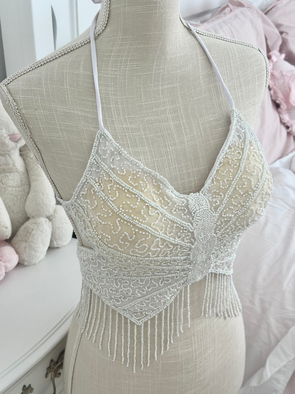 Vintage 1990s White Sequin Beaded Butterfly Halter Top XS–M