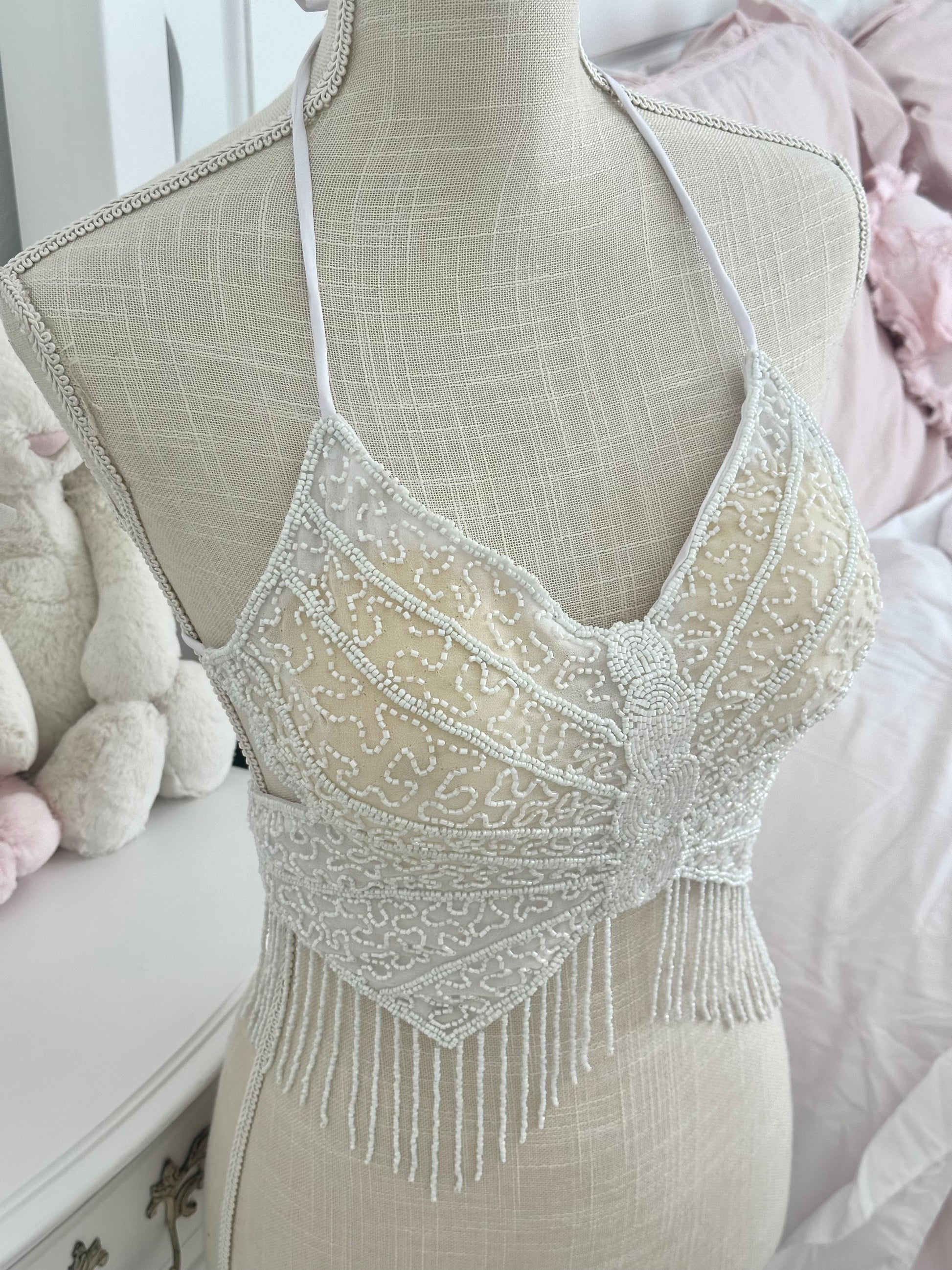 Vintage 1990s White Sequin Beaded Butterfly Halter Top XS–M