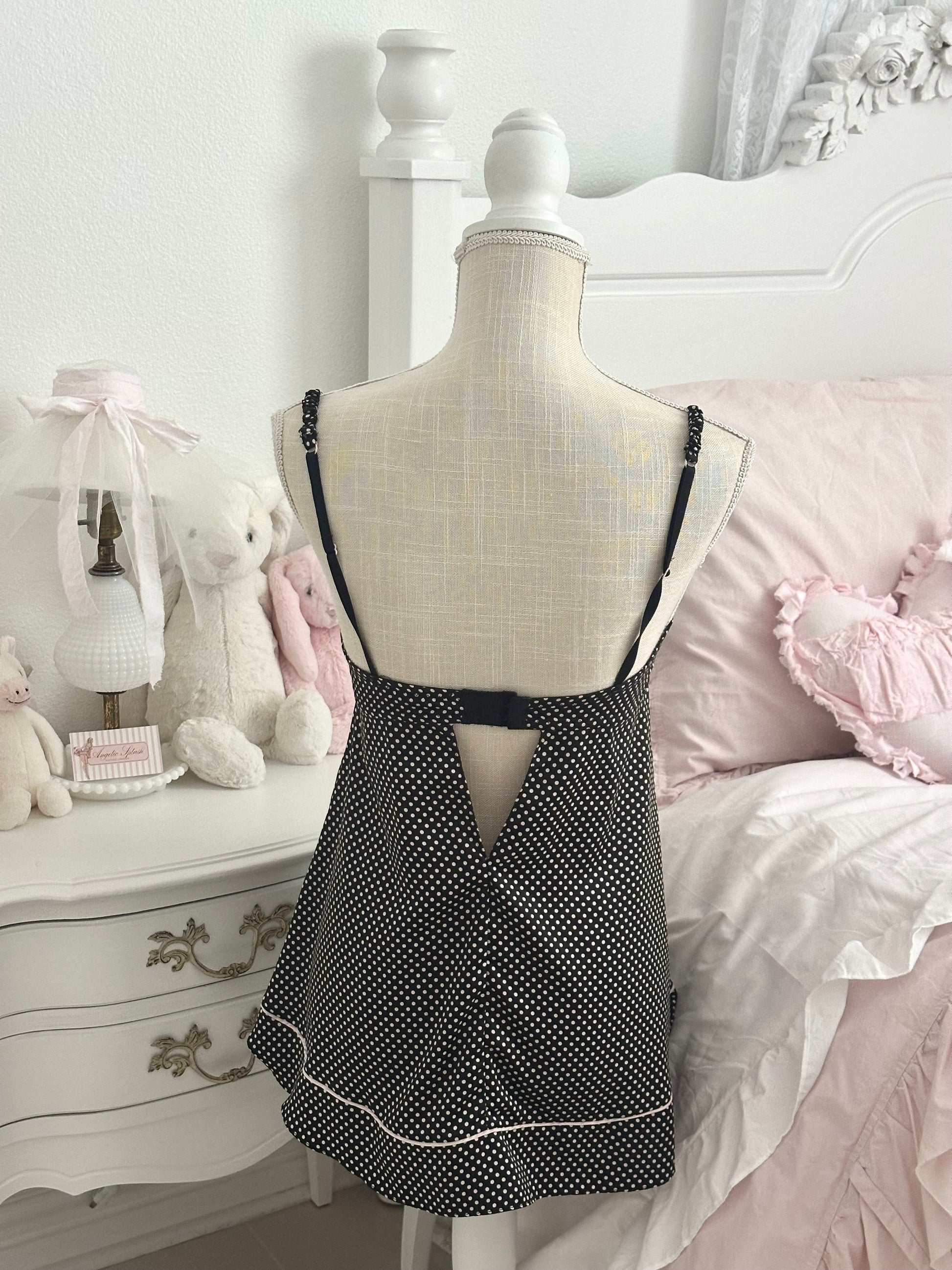 Vintage 2009 Victoria’s Secret Black & Pink Polka Dot Babydoll Set with Thong NWT Size: 34C