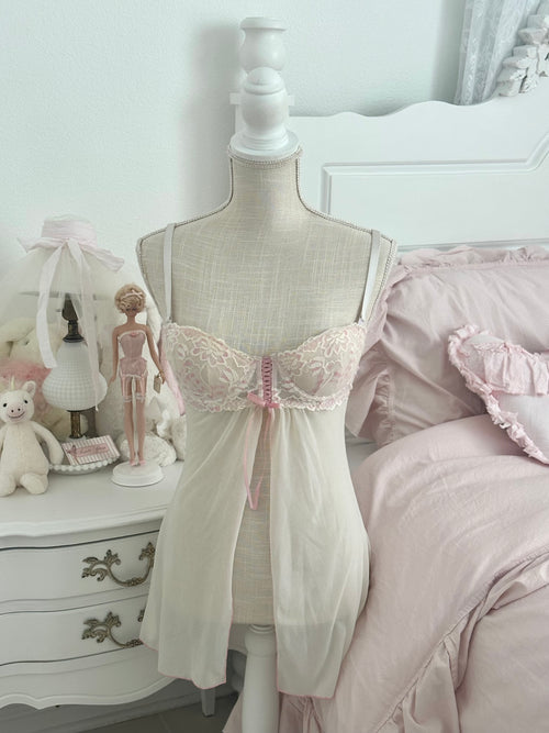 2000s Native Intimates White & Pink Floral Sheer Babydoll Top Size: 34C