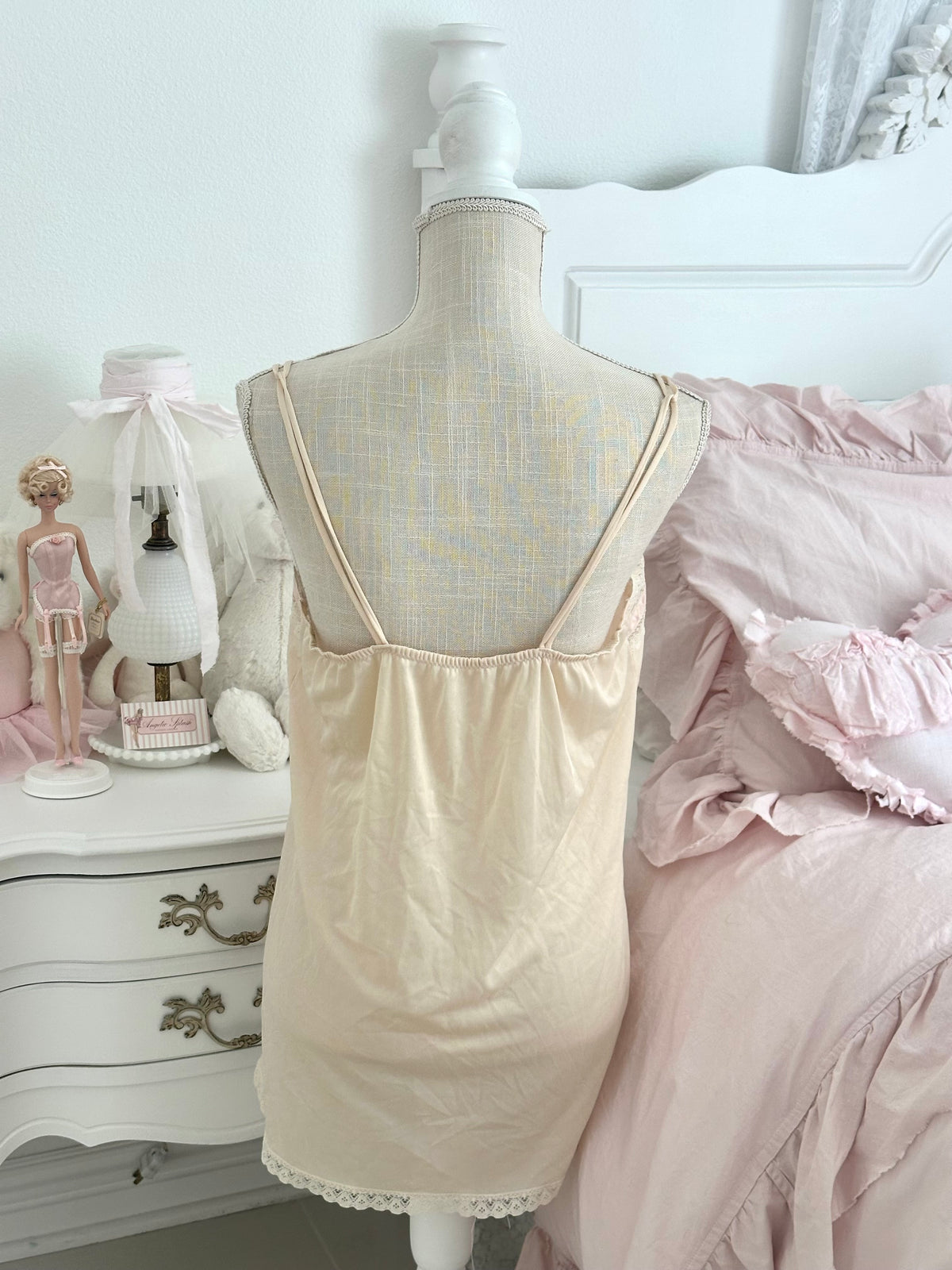 Vintage 1970s cream Nylon Lace Slip Dress Size: L