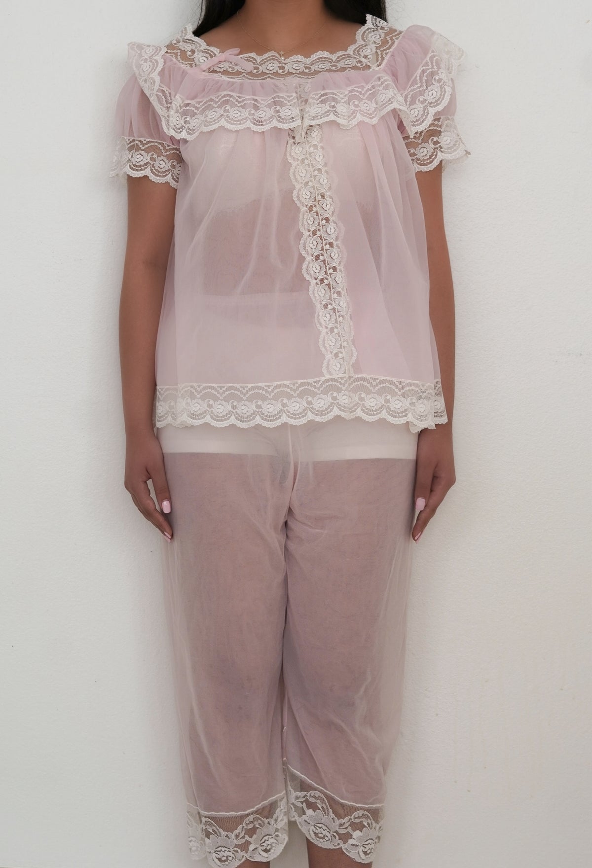 Authentic 1950s Pink Sheer Nylon Babydoll & Pants Peignoir Set Size: S