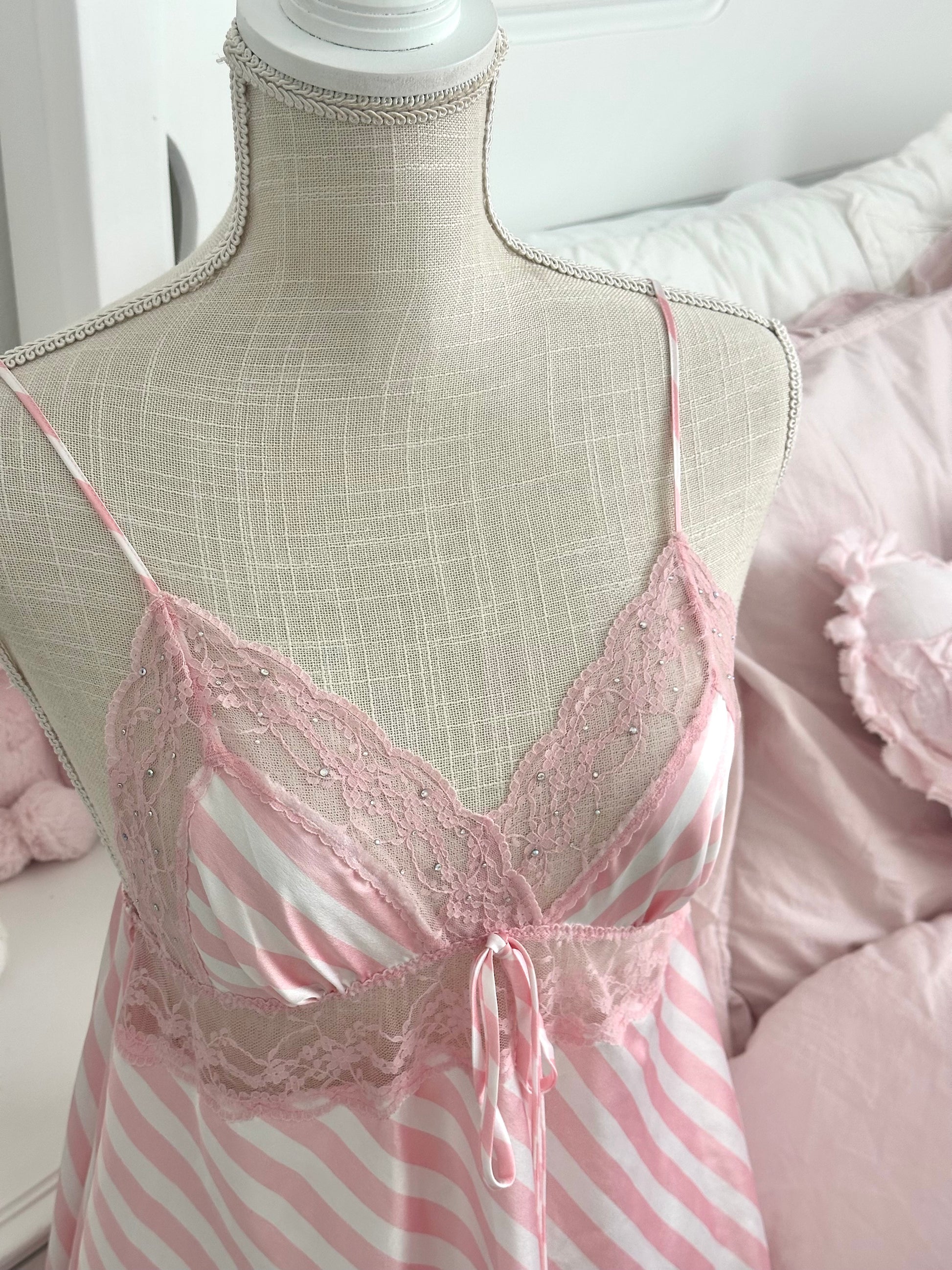 Vintage 2011 Victoria’s Secret Pink & White Striped Lace Slip Dress Size: L