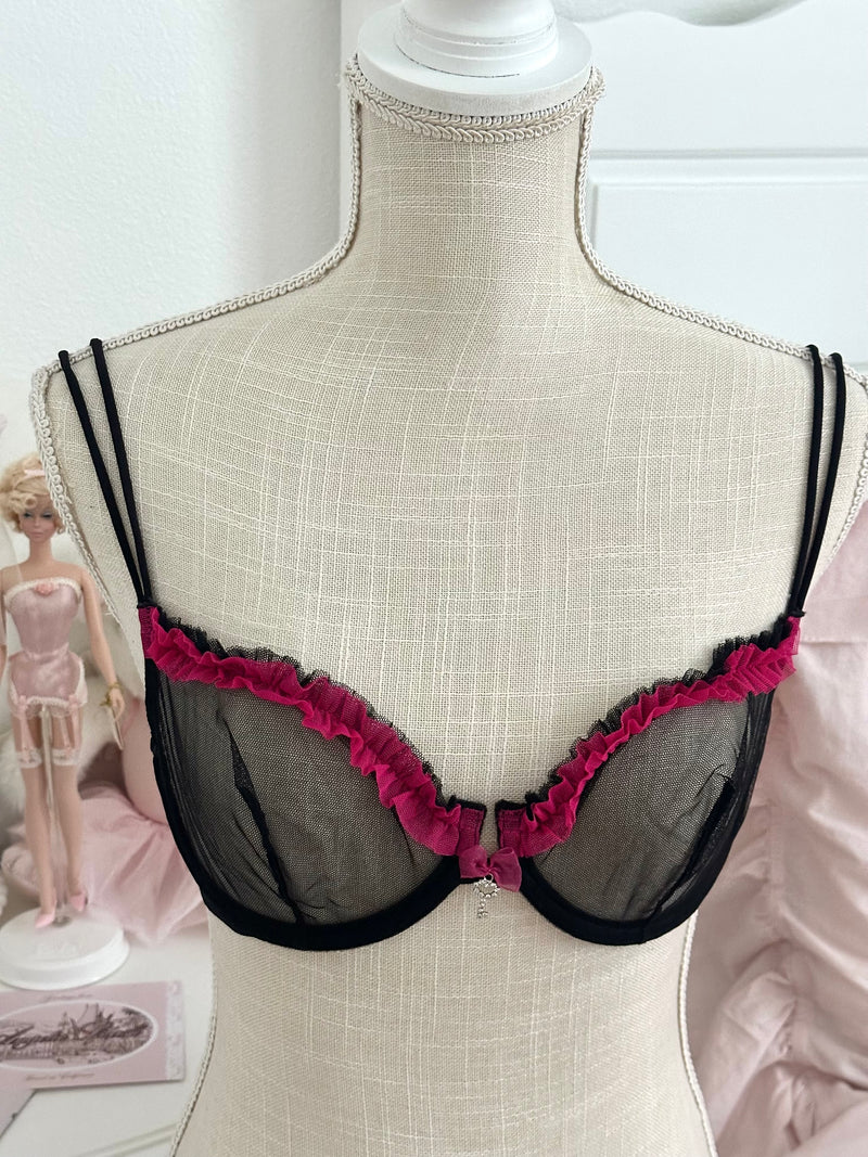 Vintage 2005 Victoria’s Secret Black & Pink Sheer Mesh Bra Size M