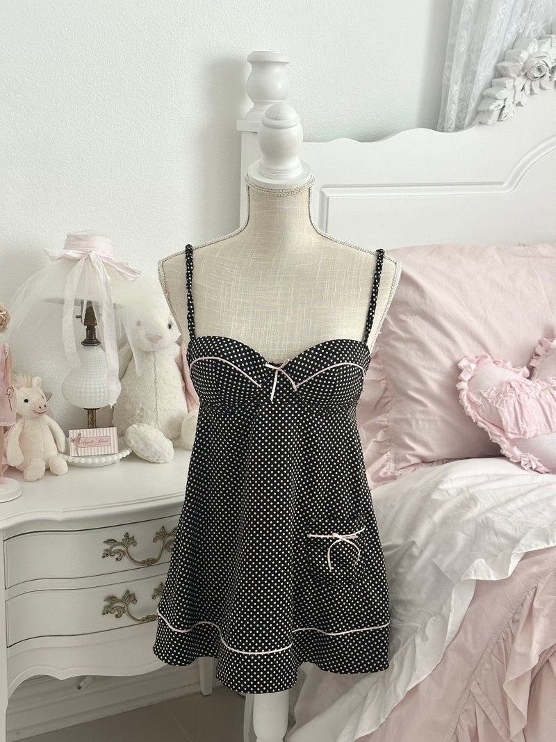 Vintage 2009 Victoria’s Secret Black & Pink Polka Dot Babydoll Set with Thong NWT Size: 34C