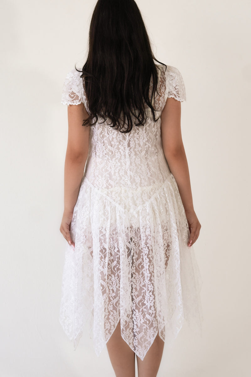 Vintage 80s/90s White Lace Sheer Midi Dress Size: S (No Tag)
