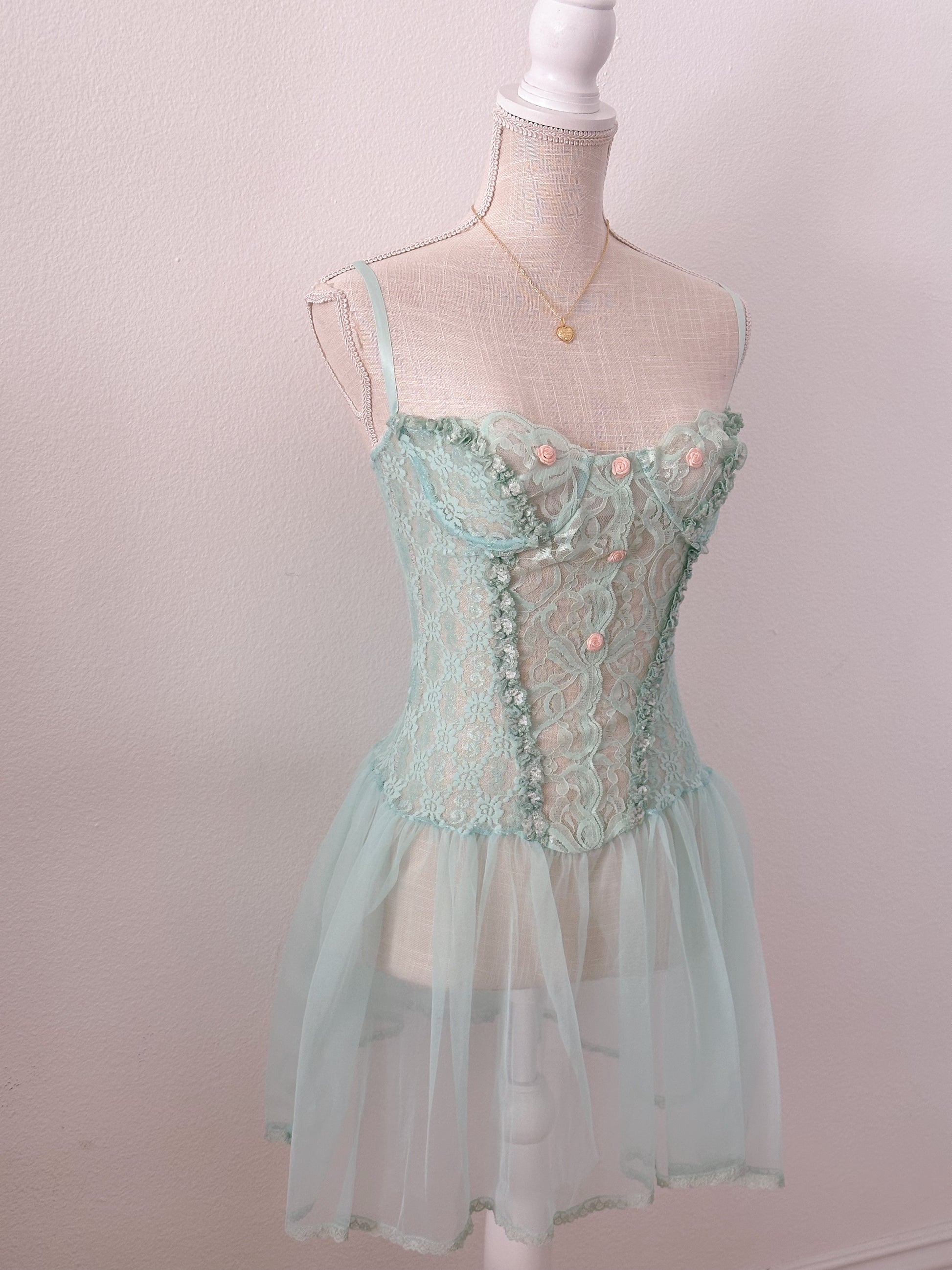 Vintage Fredricks of Hollywood green blue teal slip dress corset babydoll