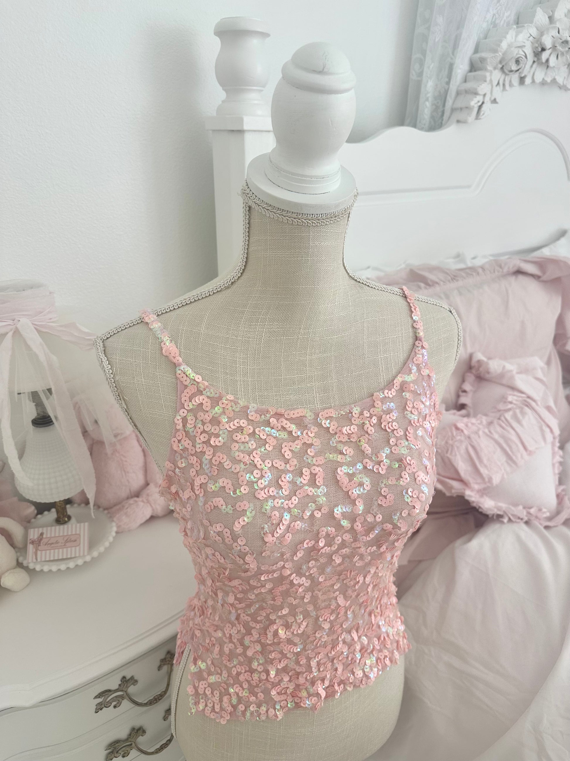 Vintage Y2K Pink Sequin tell Sheer cami Top Size: M