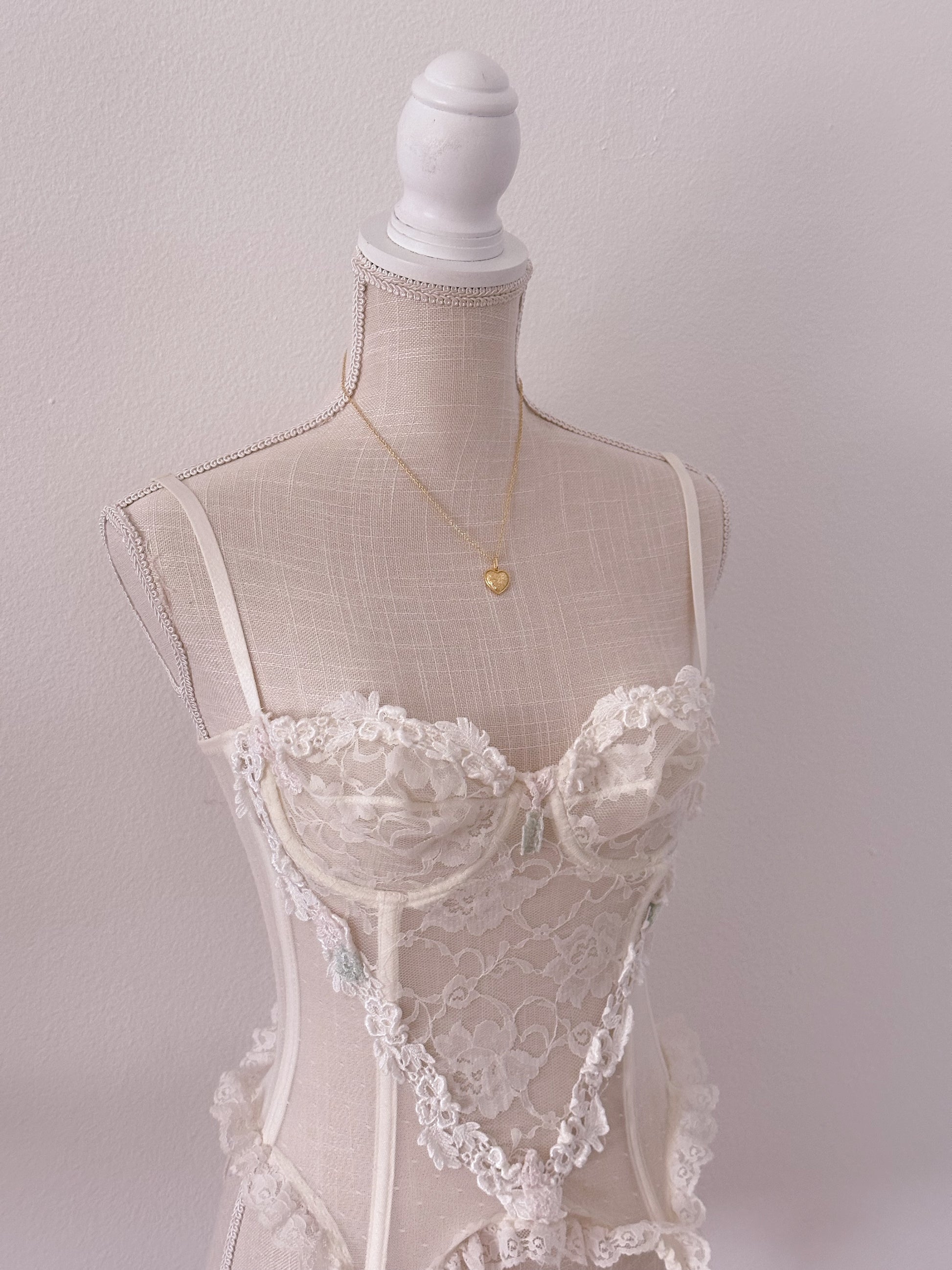 Vintage 1990s white/ cream corset with blue floral details