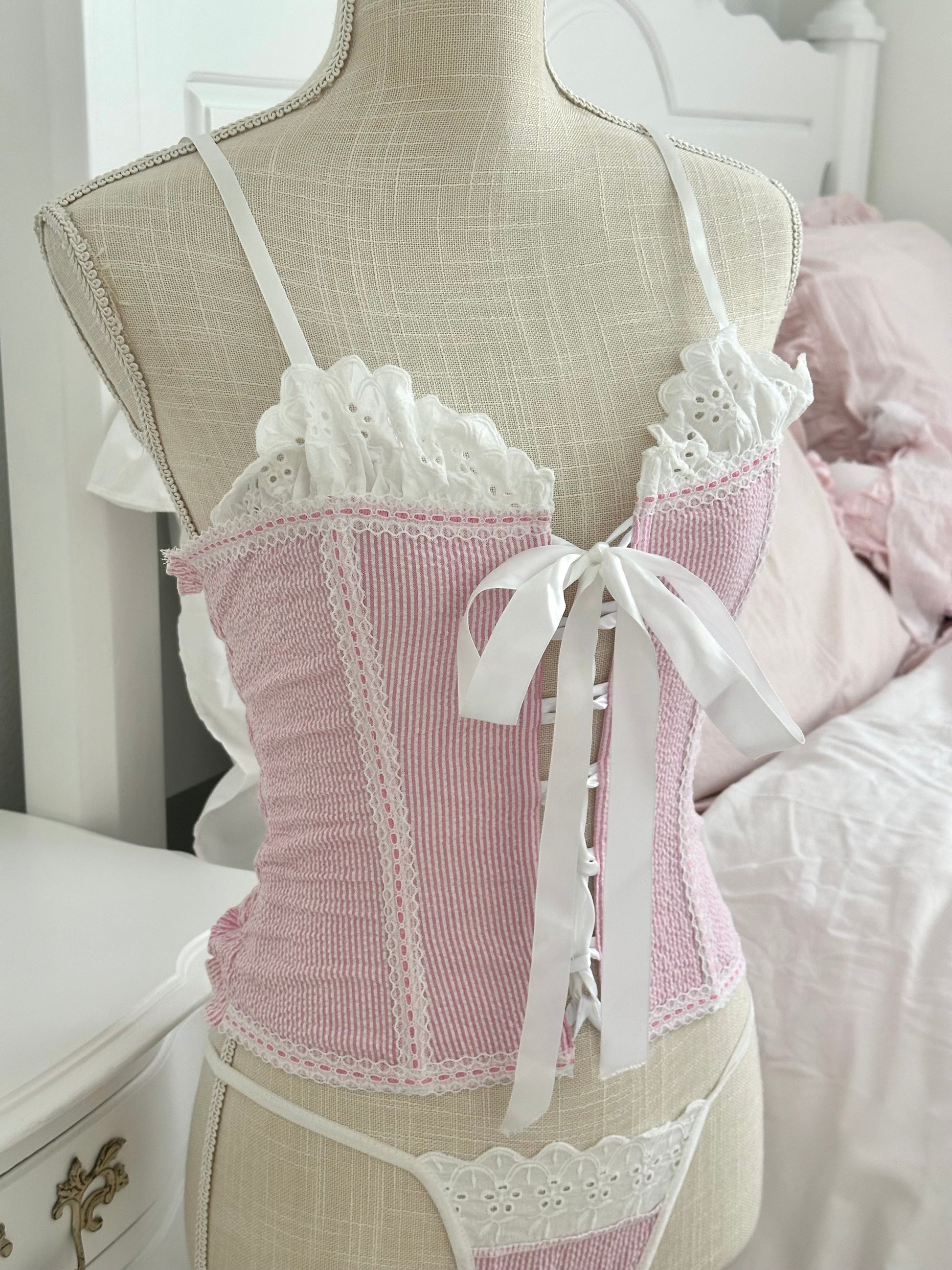 Vintage 1970s Pink Stripe Corset Lingerie Set with Thong Size: S