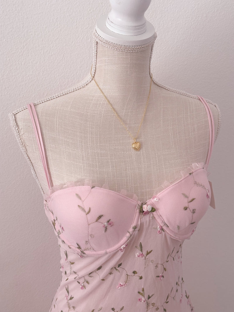 Vintage pink shabby chic floral Babydoll slip dress size: S