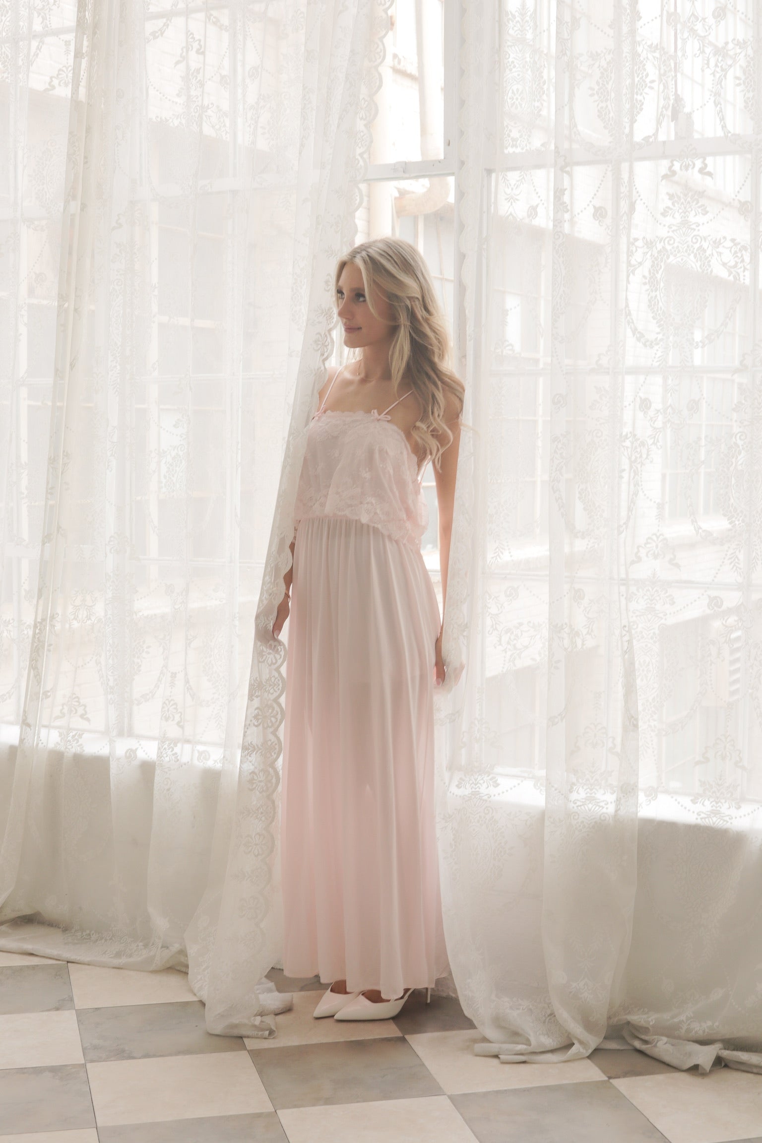 Vintage 1970s Deena Pink Maxi Dress with Lace & Bows Size: L
