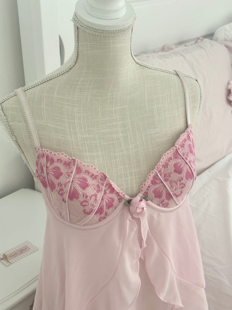 Vintage Delicates Pink Sheer Babydoll Slip Dress Size: M