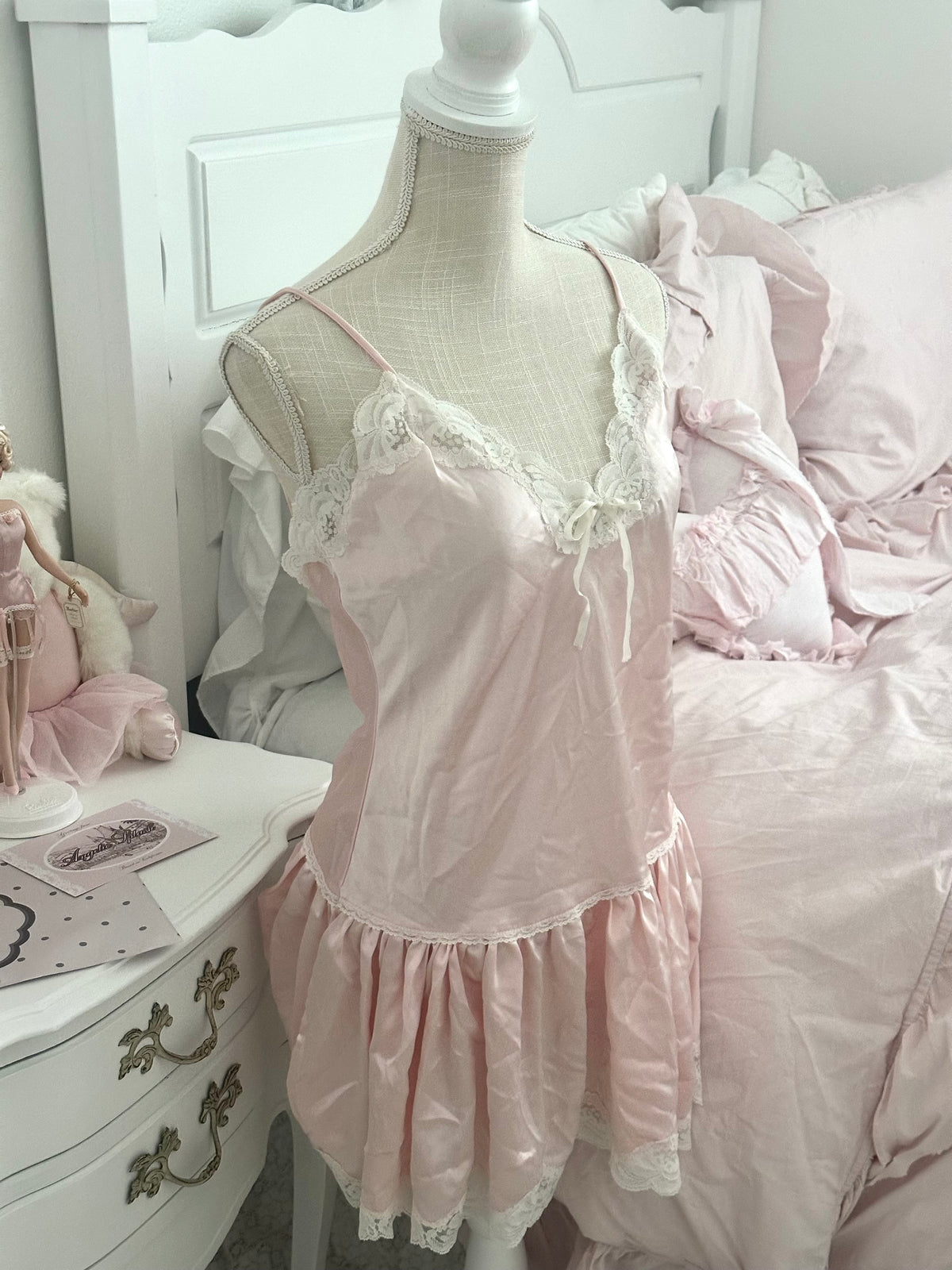 Vintage Kathryn Pink Satin Babydoll Slip Dress Size M