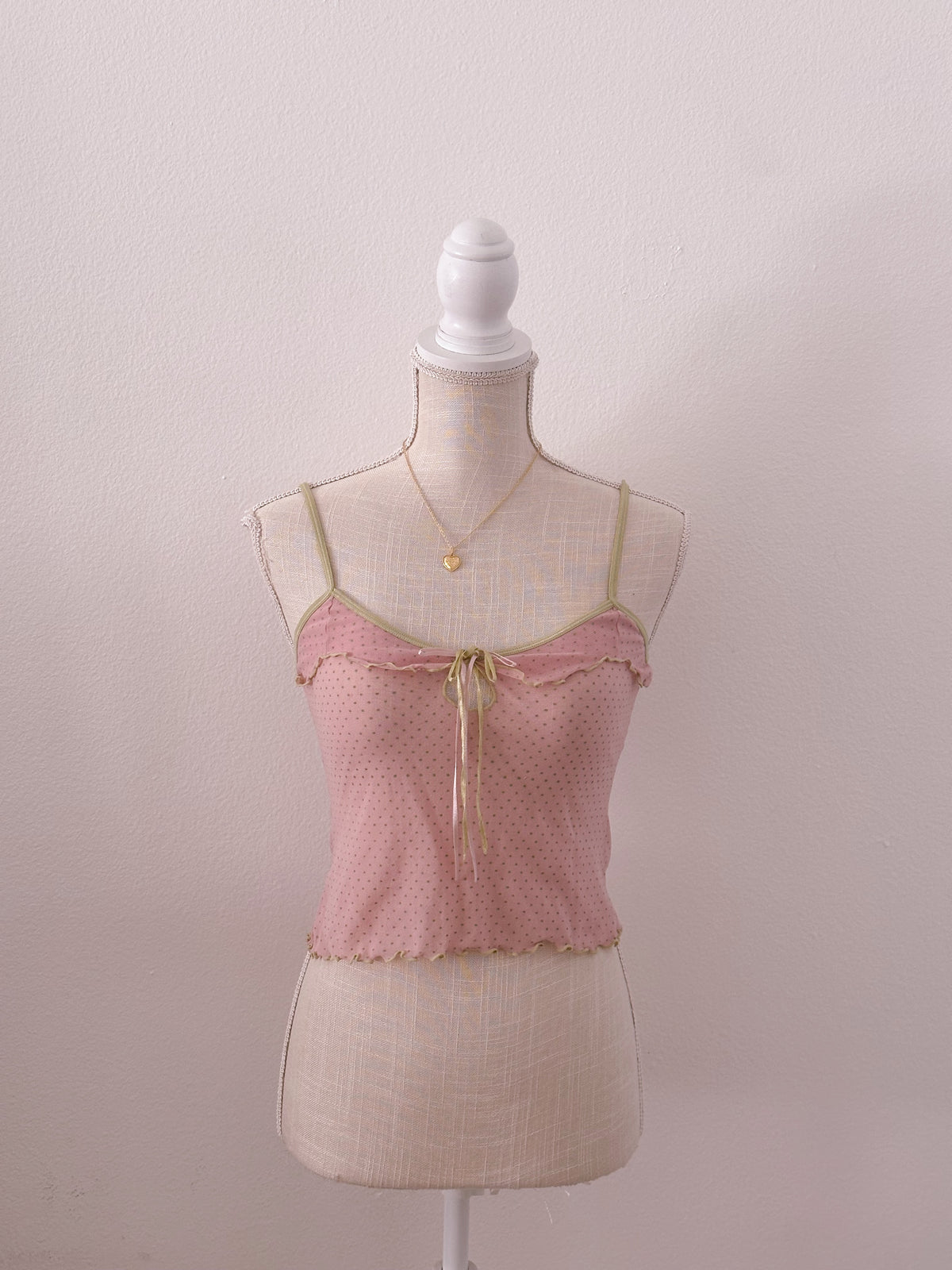 Vintage pink and green sheer cami polka dot top