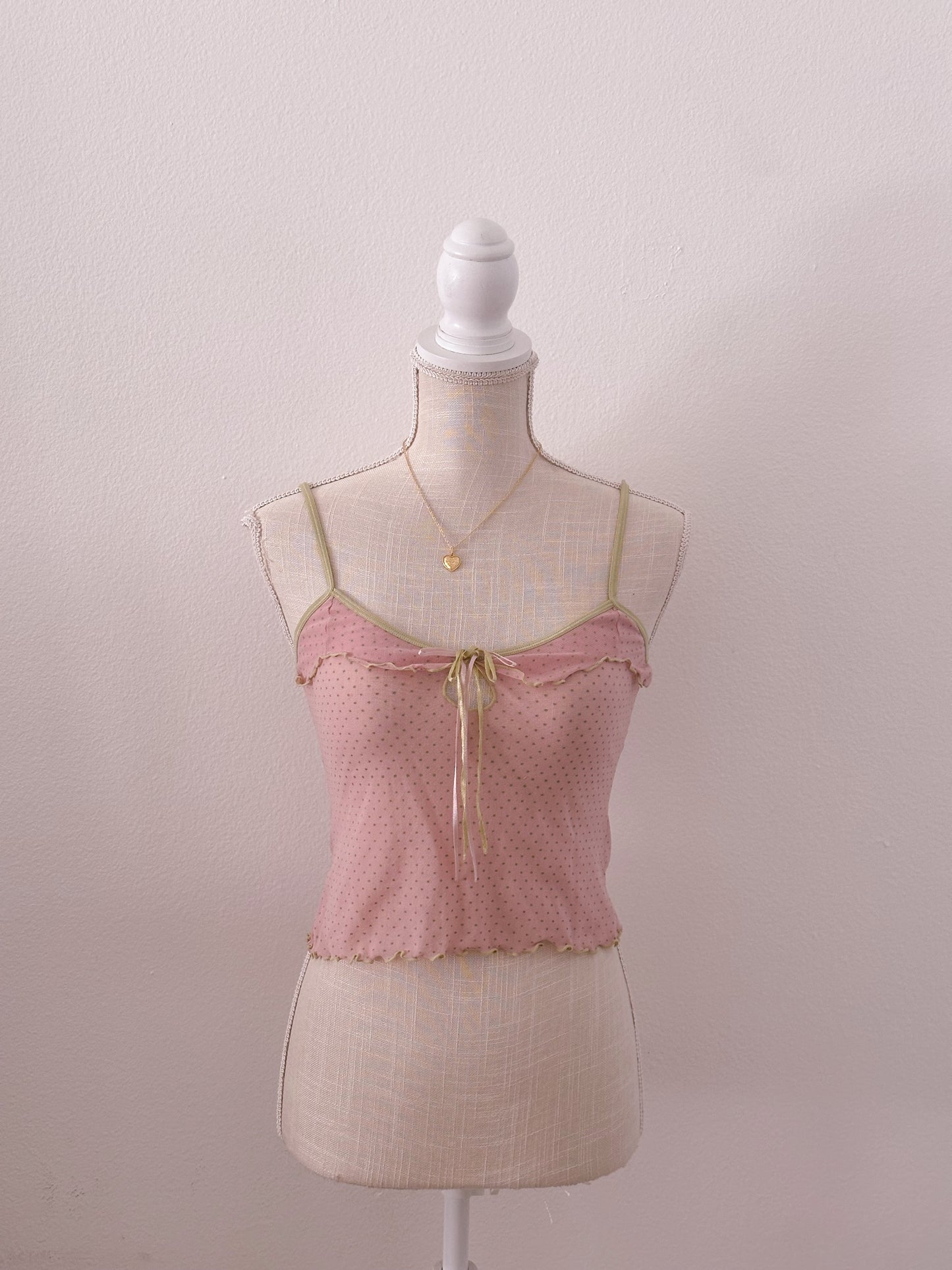 Vintage pink and green sheer cami polka dot top