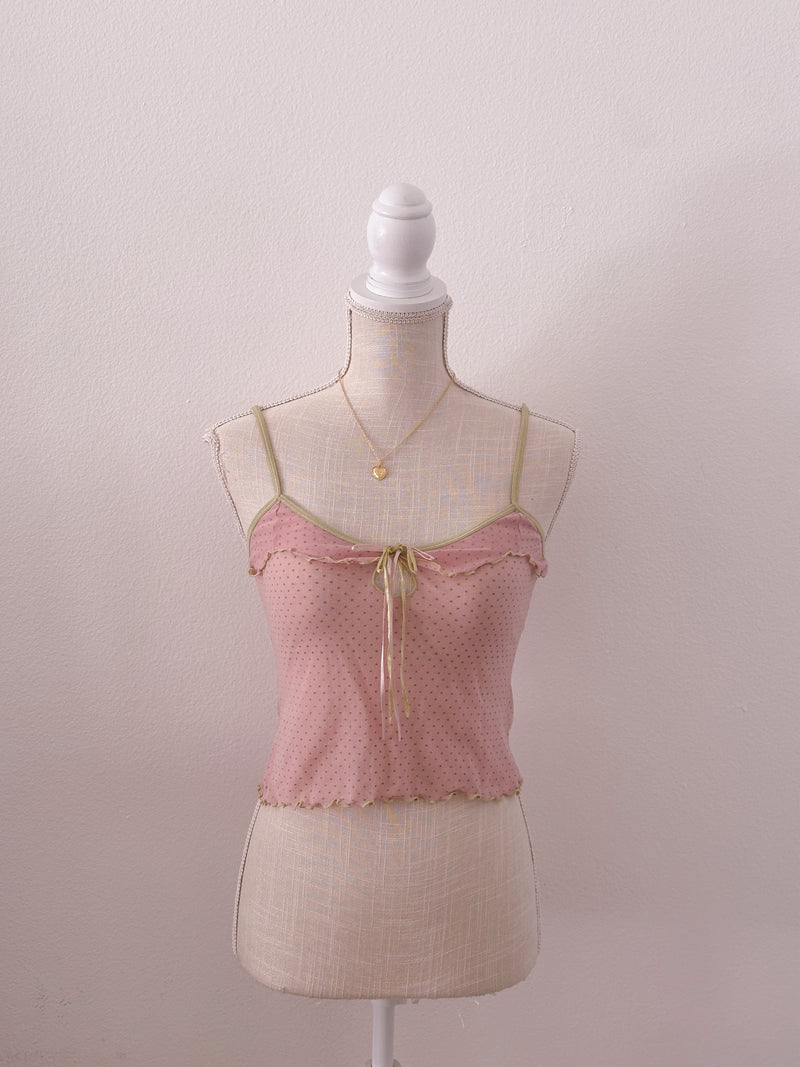 Vintage pink and green sheer cami polka dot top