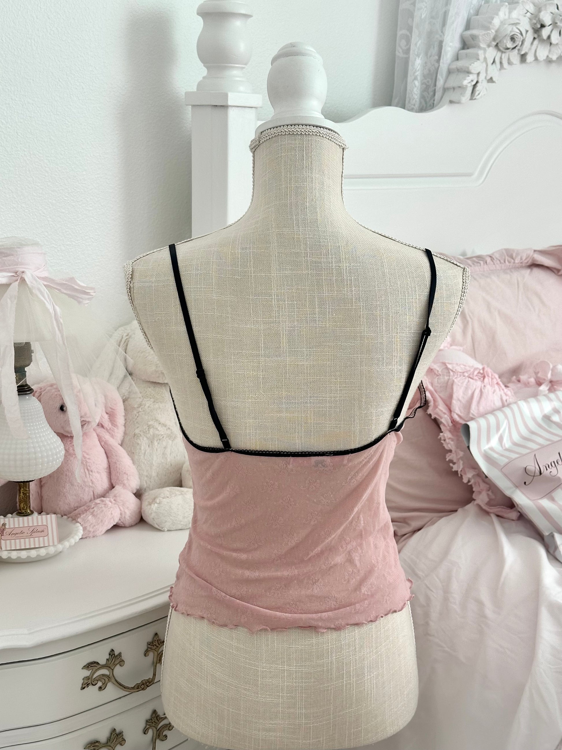 Vintage 2004 Victoria’s Secret Pink Sheer Cami Top with Black Lace Size: M