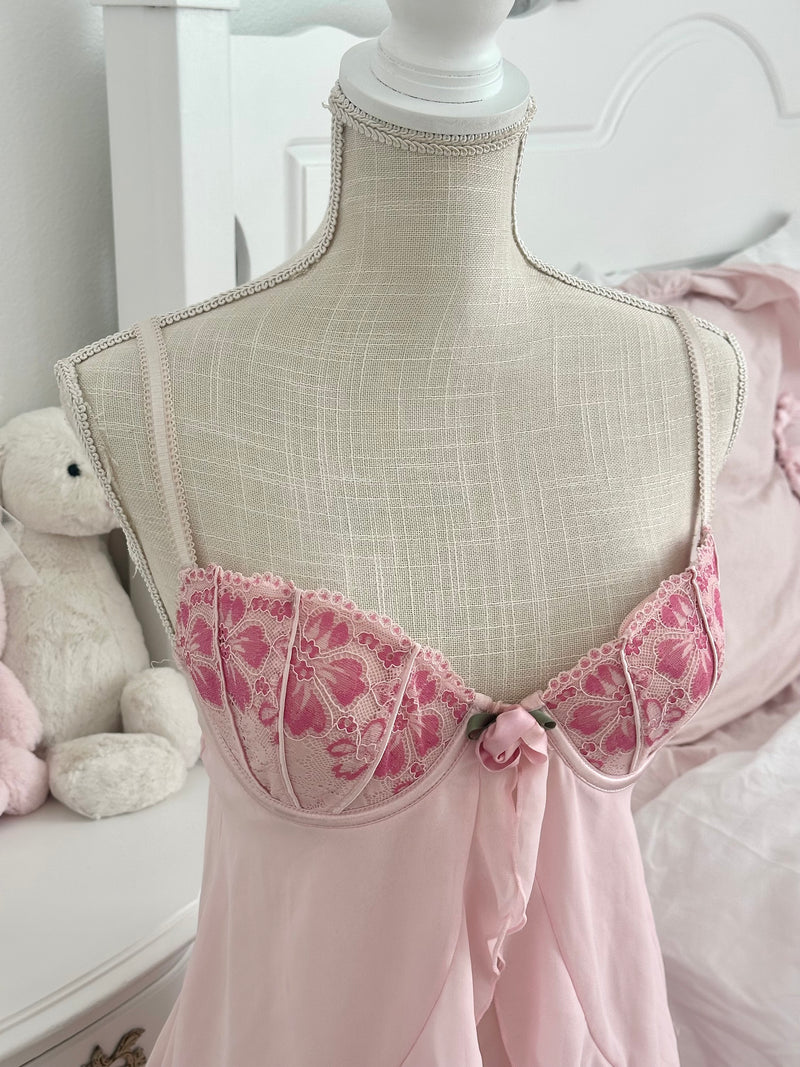 Vintage Y2K Delicates Pink Tiered Floral Slip Dress Size: M