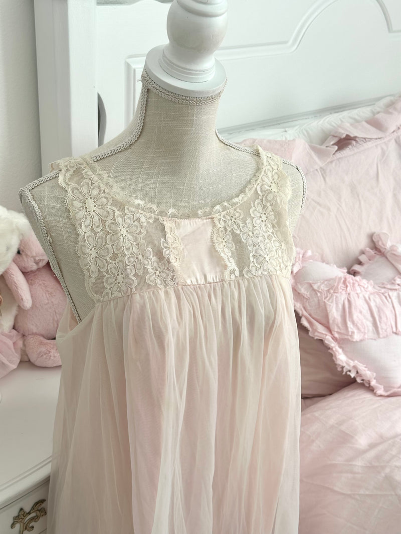 Vintage 1960s Vanity Fair Pink Sheer Nylon Nightgown Size M