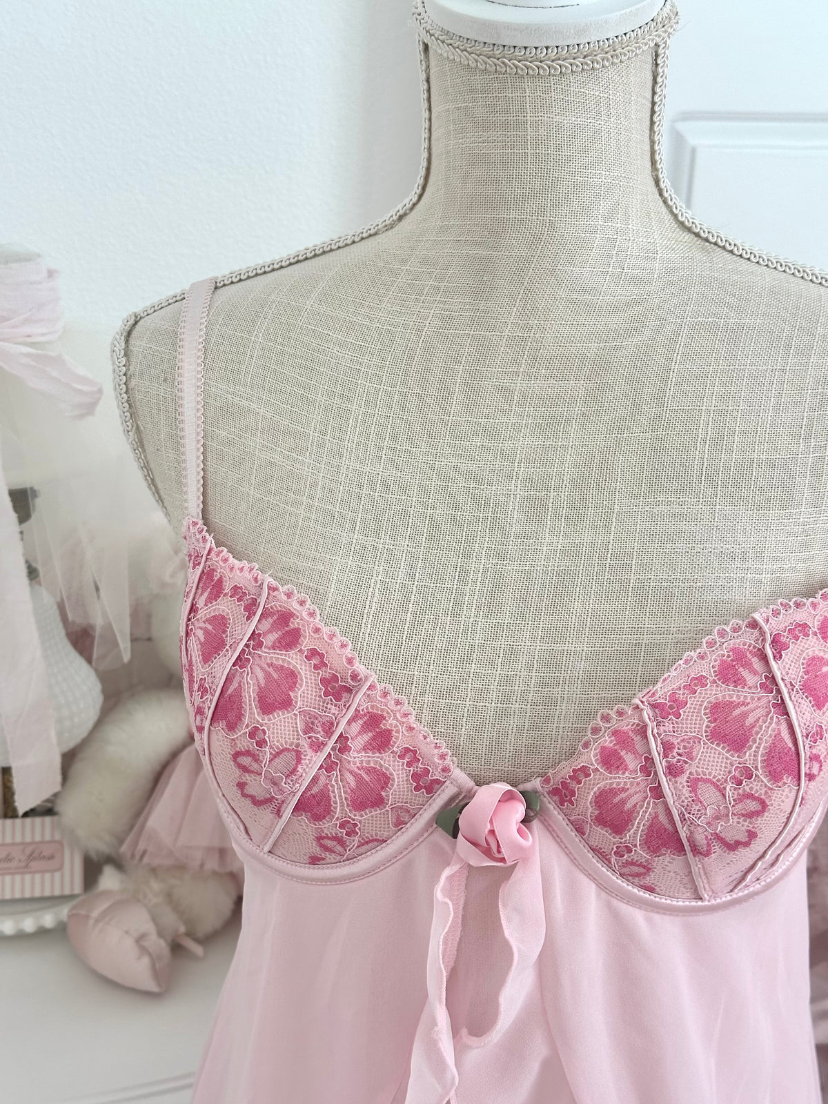 Vintage Delicates Pink Lace Ruffle Babydoll Slip Dress Size M