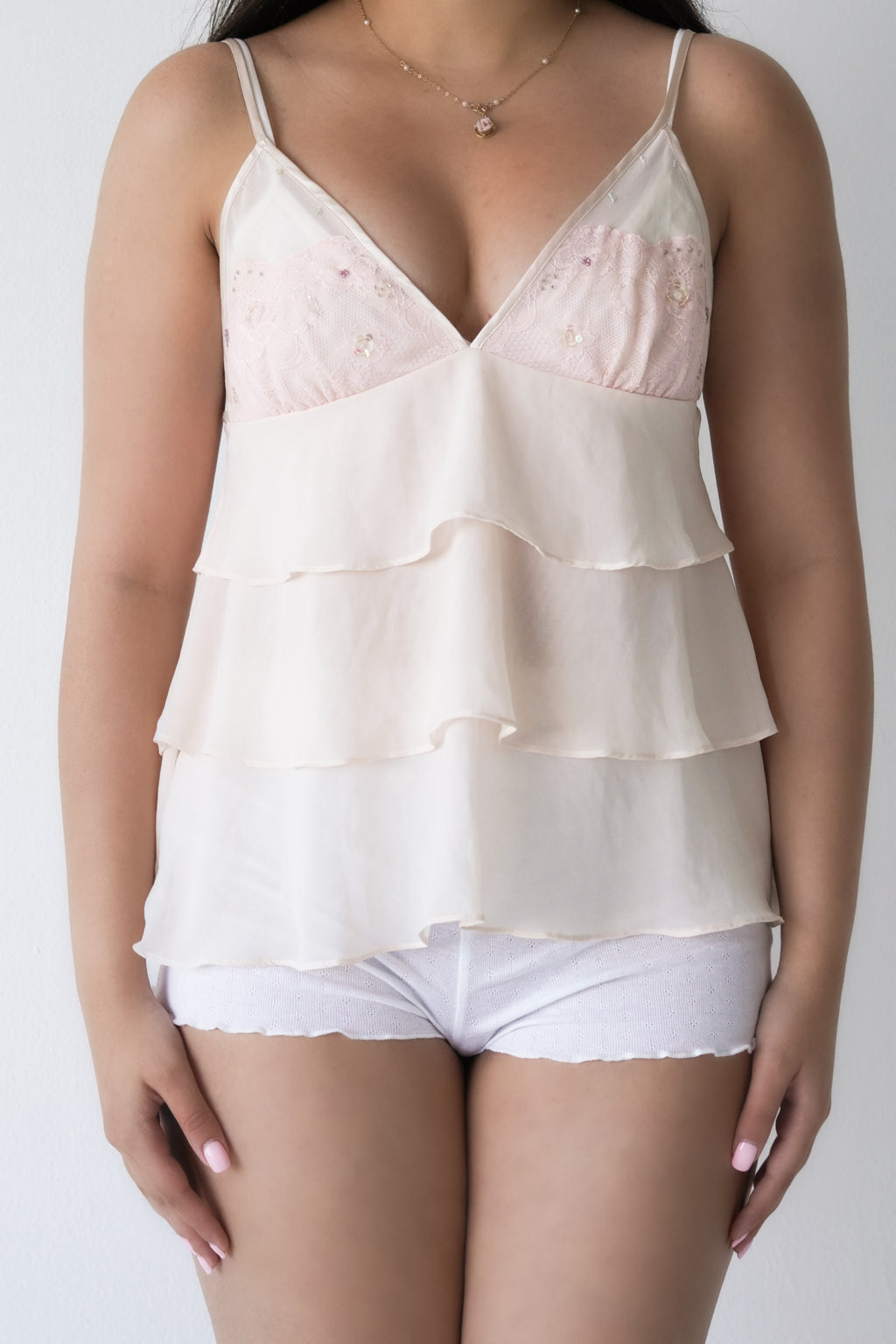 Vintage 2004 Victoria’s Secret Nude & Pink Ruffle Tiered Cami Top Size: M (NWT)