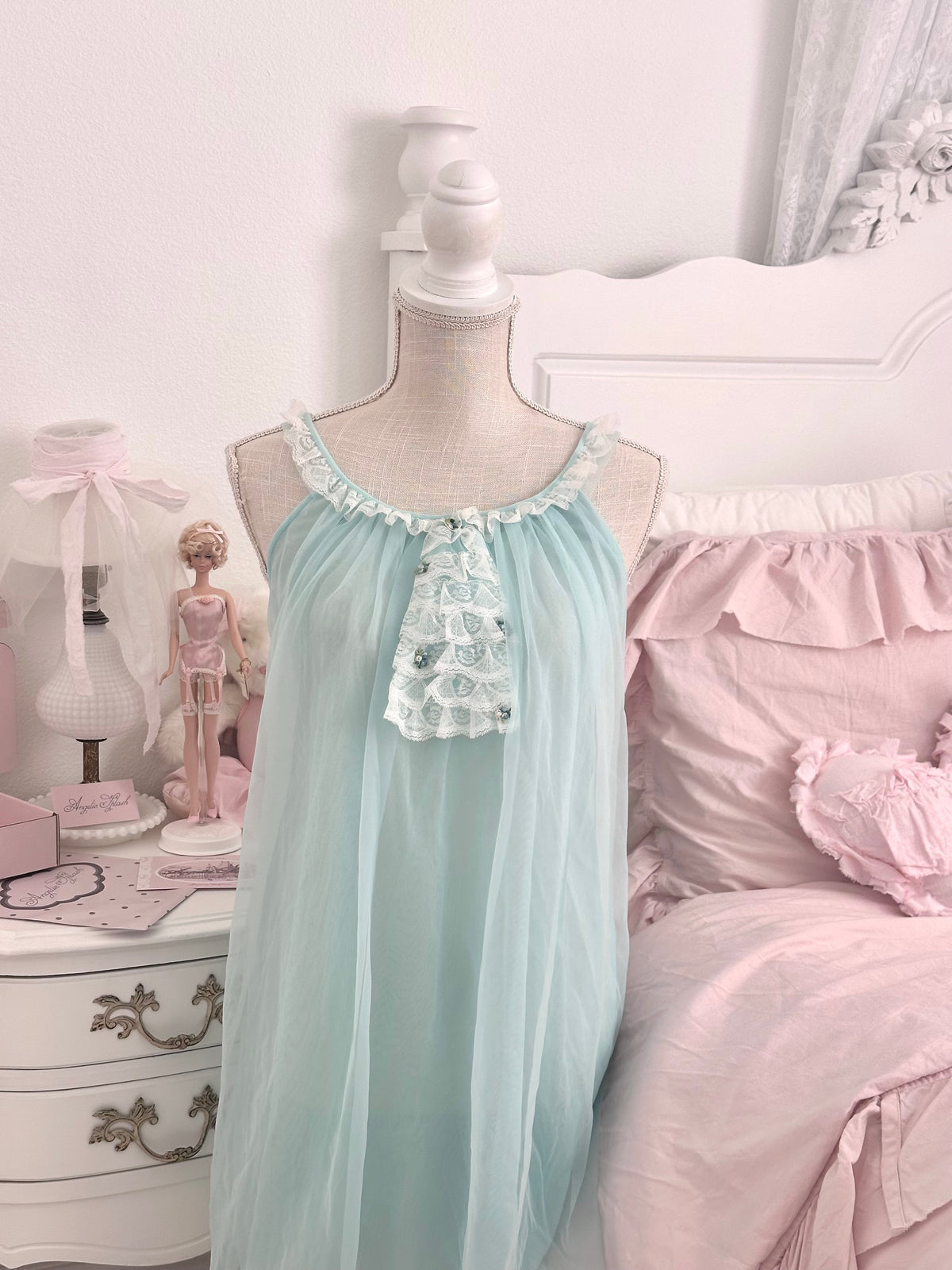 Vintage 1950s Baby Blue Sheer Nylon Nightgown Size S