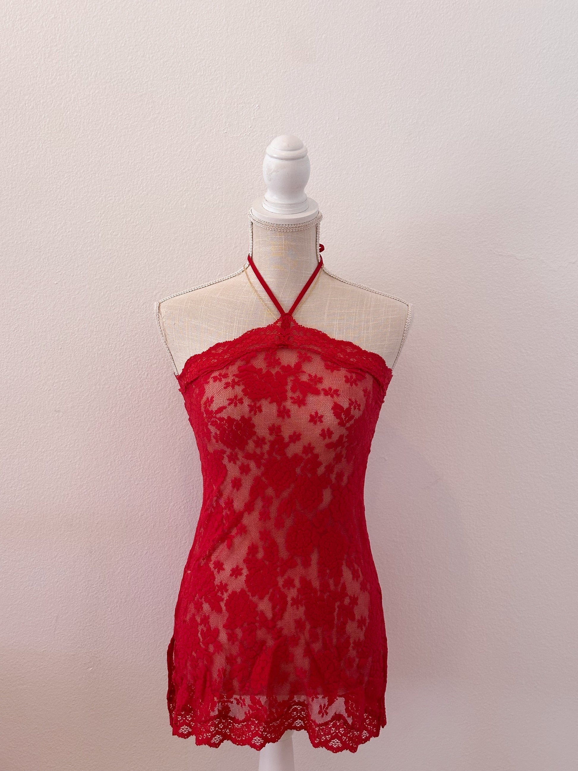 Vintage red Victoria's Secret lace halter dress two piece set Size: XS