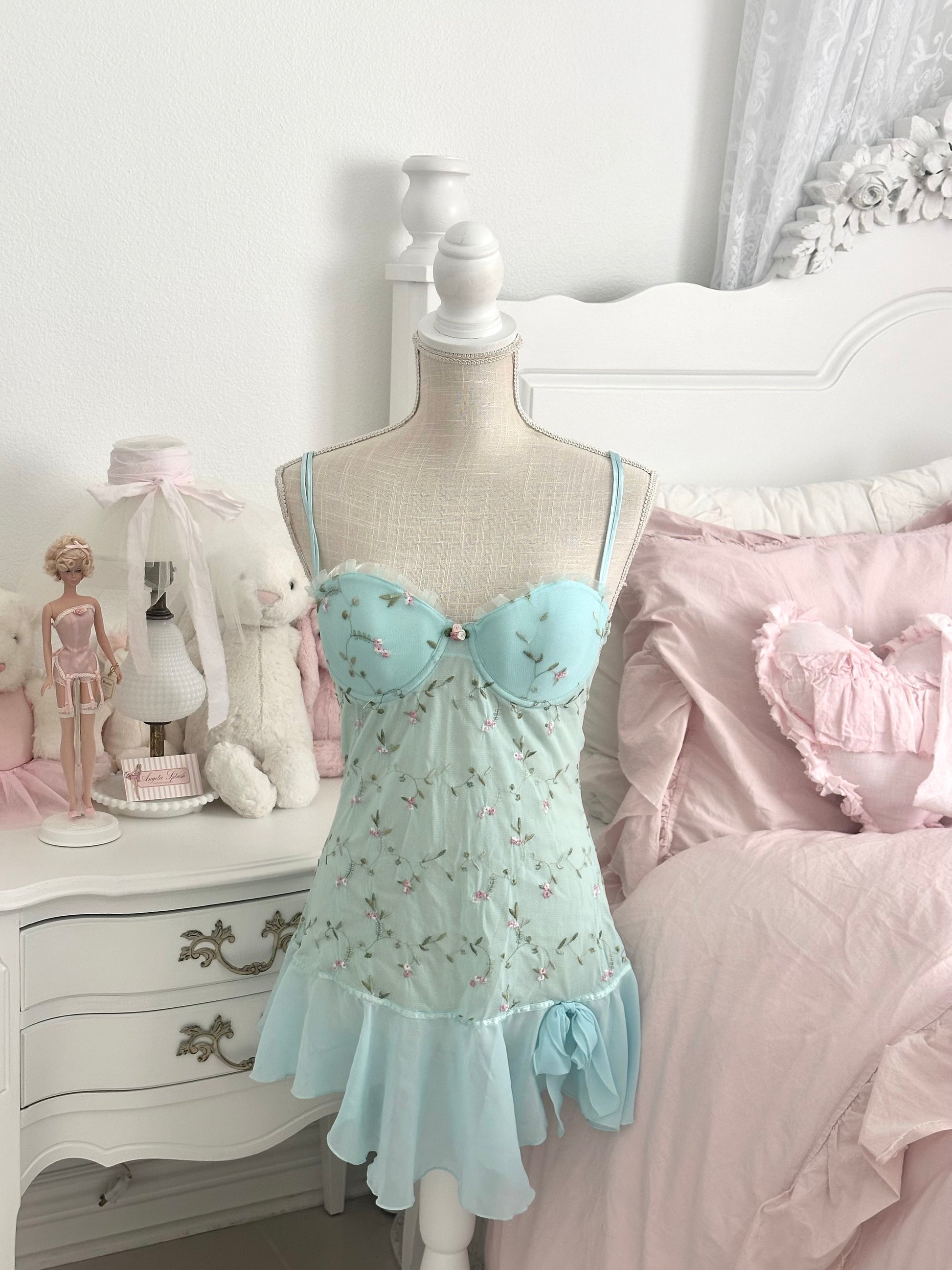 Vintage Teal Floral Embroidered Babydoll Slip Dress Size: M