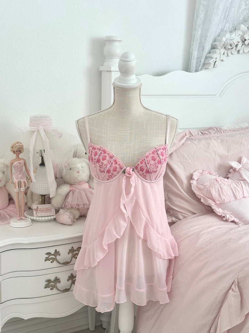 Vintage Delicates Pink Lace Ruffle Babydoll Slip Dress Size M