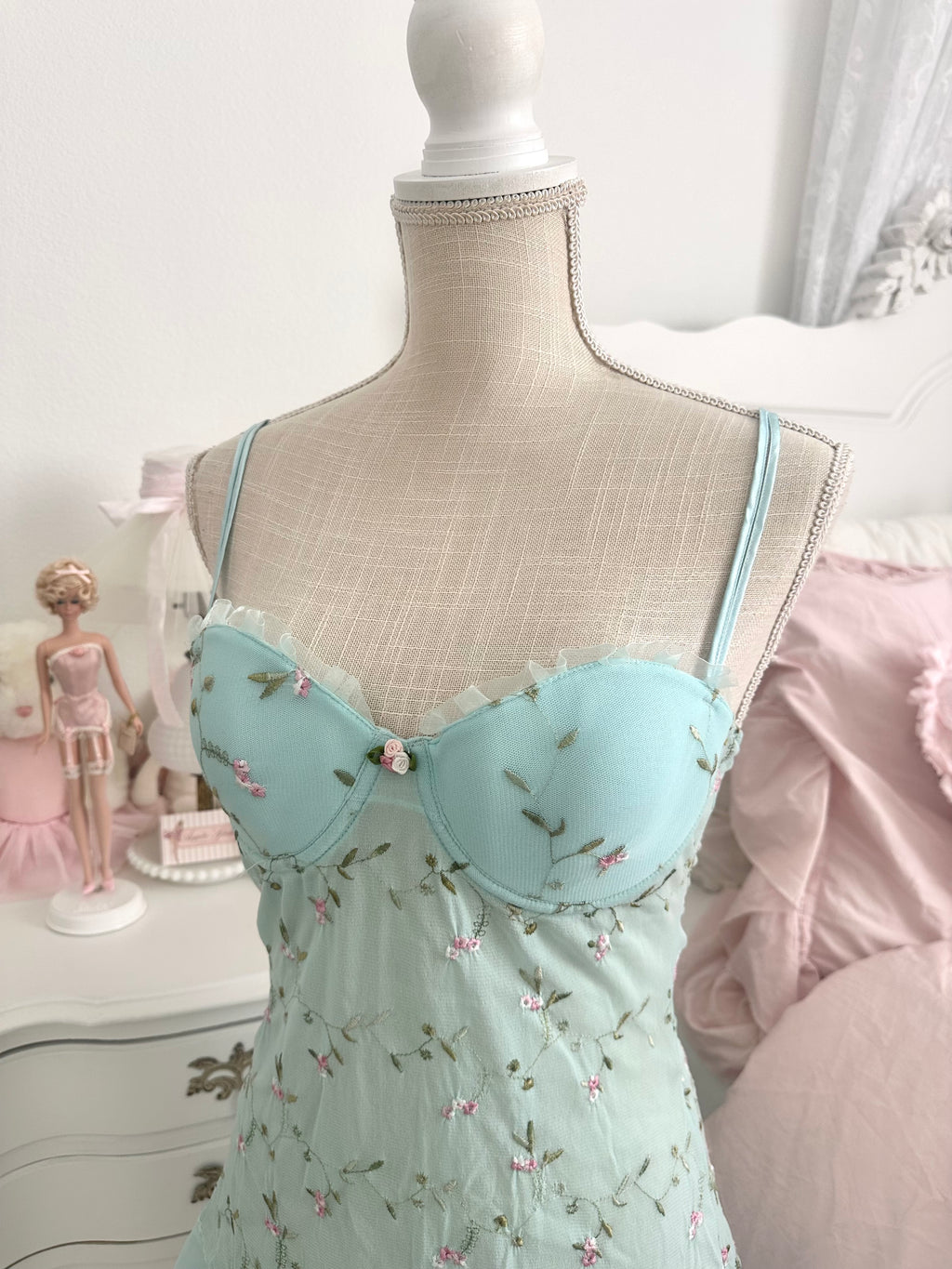 Vintage Teal Floral Embroidered Babydoll Slip Dress Size: M