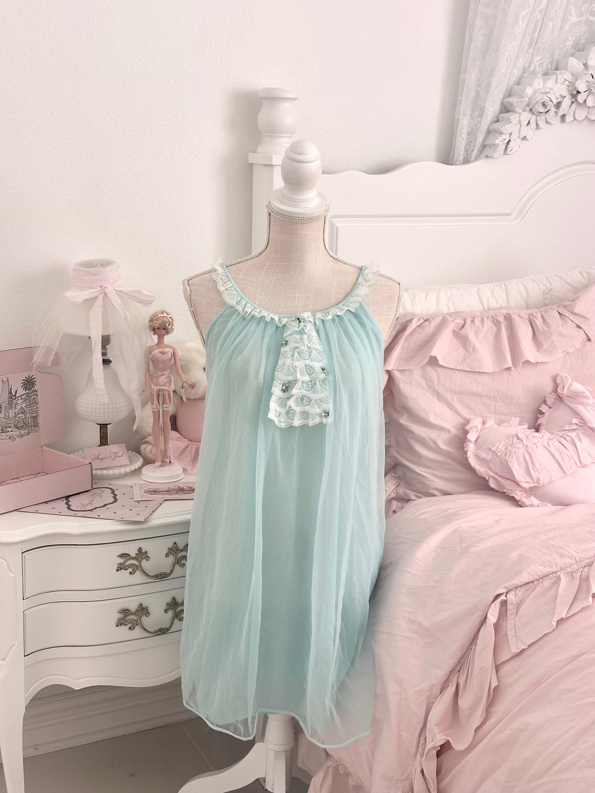 Vintage 1950s Baby Blue Sheer Nylon Nightgown Size S