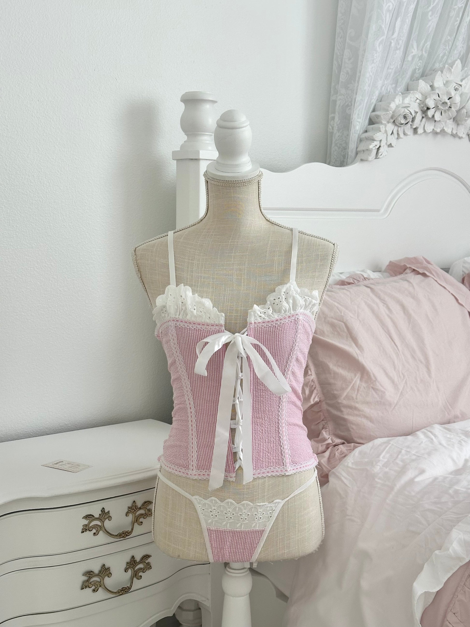 Vintage 1970s Pink Stripe Corset Lingerie Set with Thong Size: S