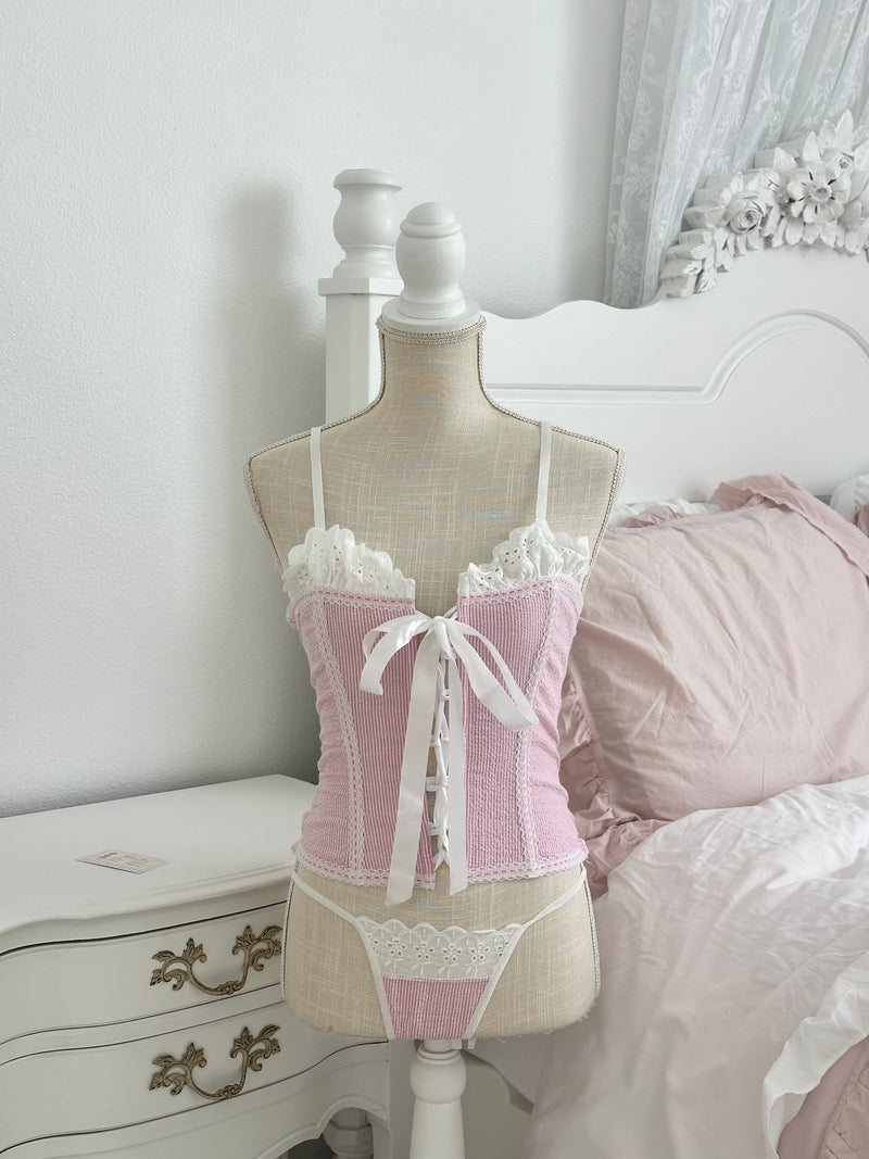 Vintage 1970s Pink Stripe Corset Lingerie Set with Thong Size: S