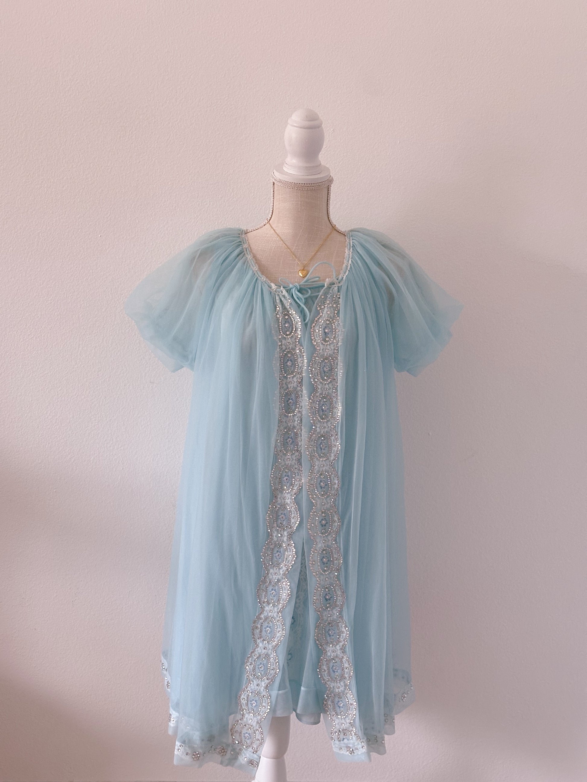 Authentic true vintage 1950's peignoir blue robe and slip dress set with puff sleeves