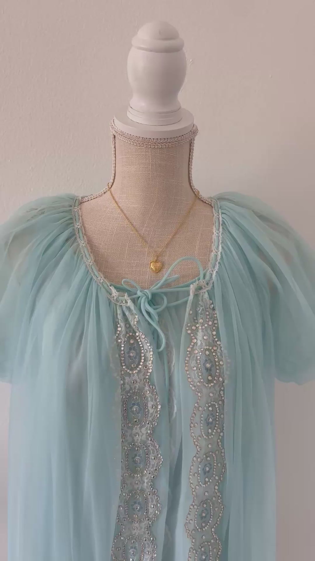 Authentic true vintage 1950's peignoir blue robe and slip dress set with puff sleeves