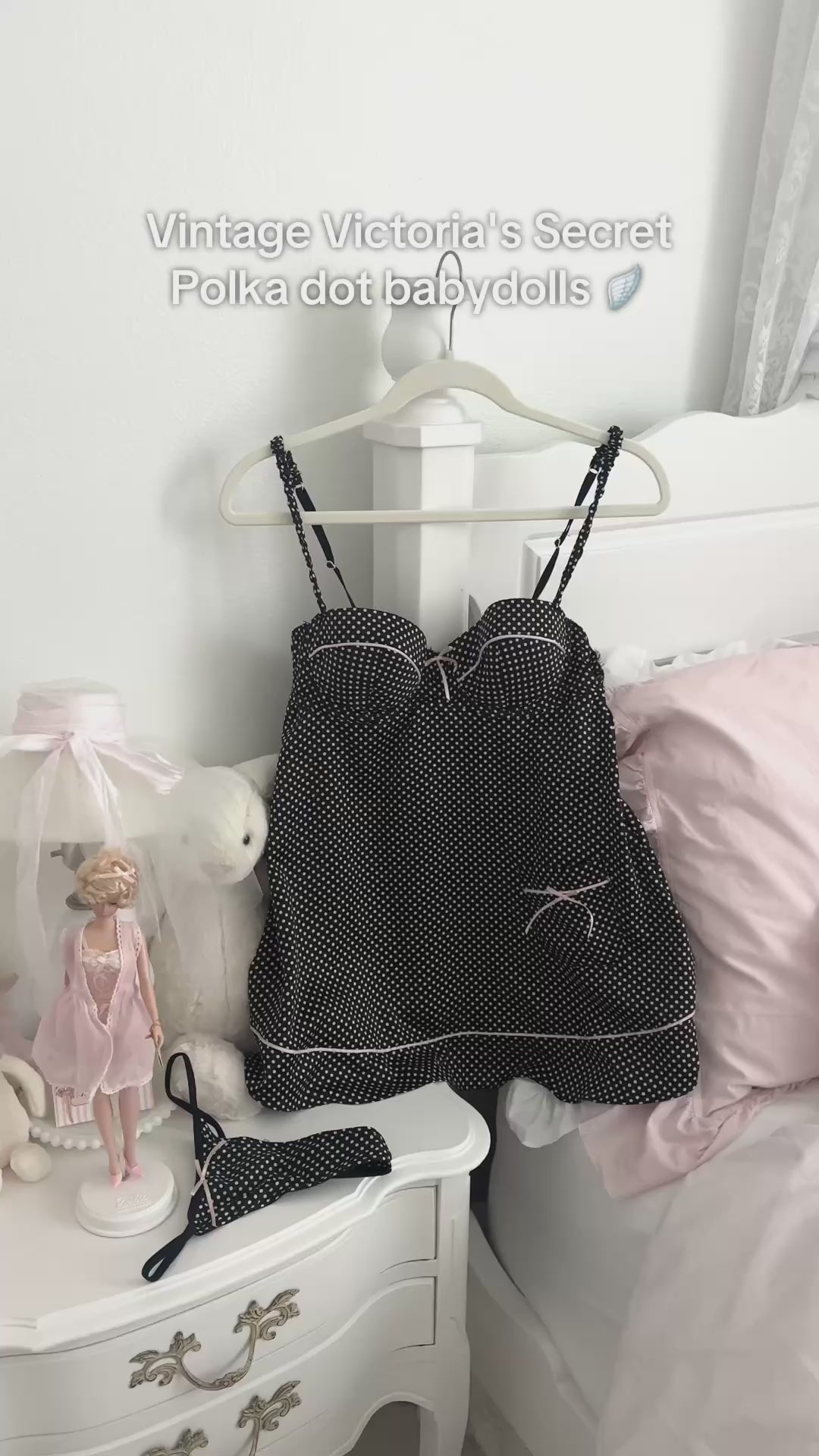 Vintage 2009 Victoria’s Secret Black & Pink Polka Dot Babydoll Set with Thong NWT Size: 34C